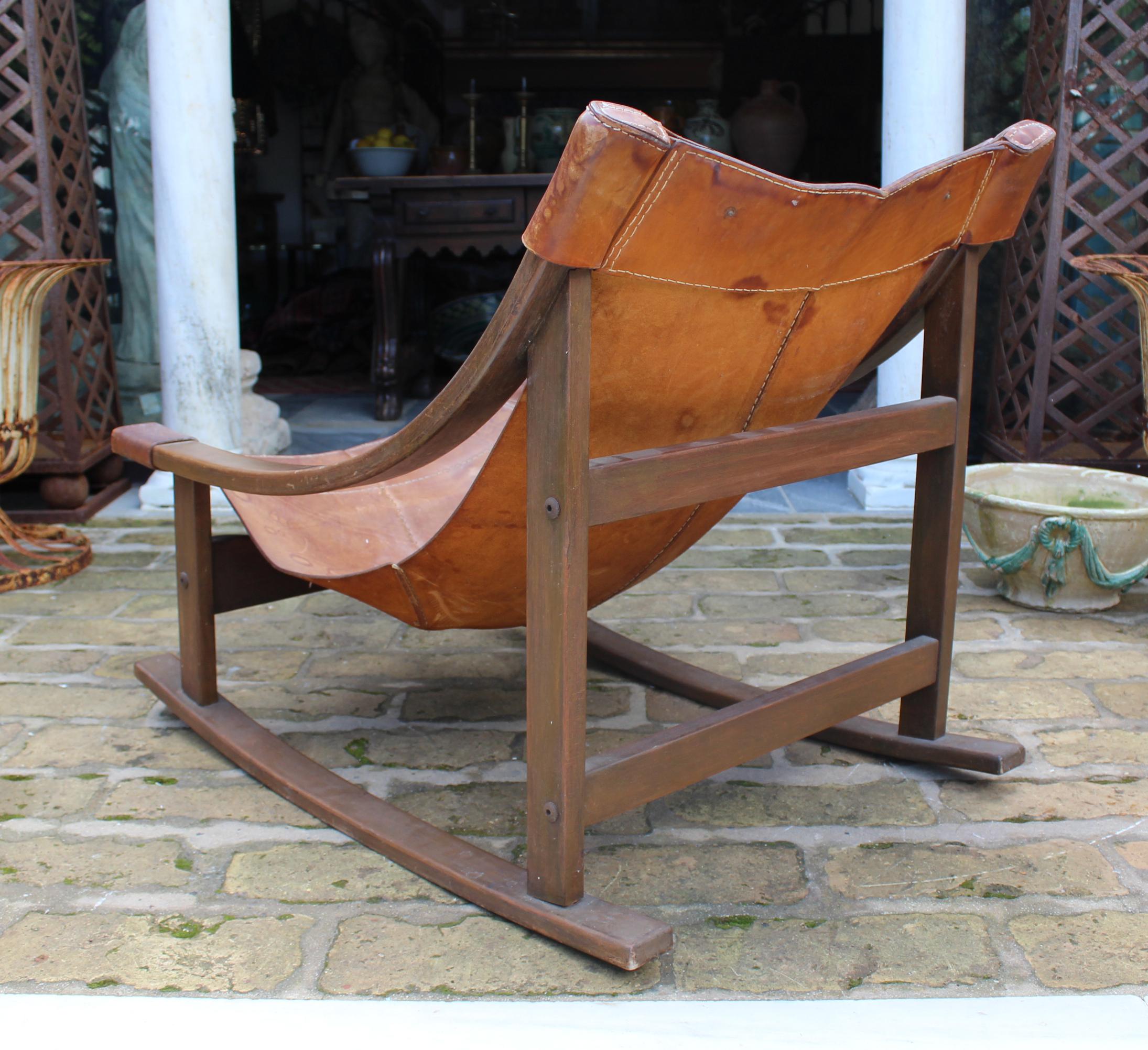 20th Century 1950s Spanish Wood and Leather Rocking Chair