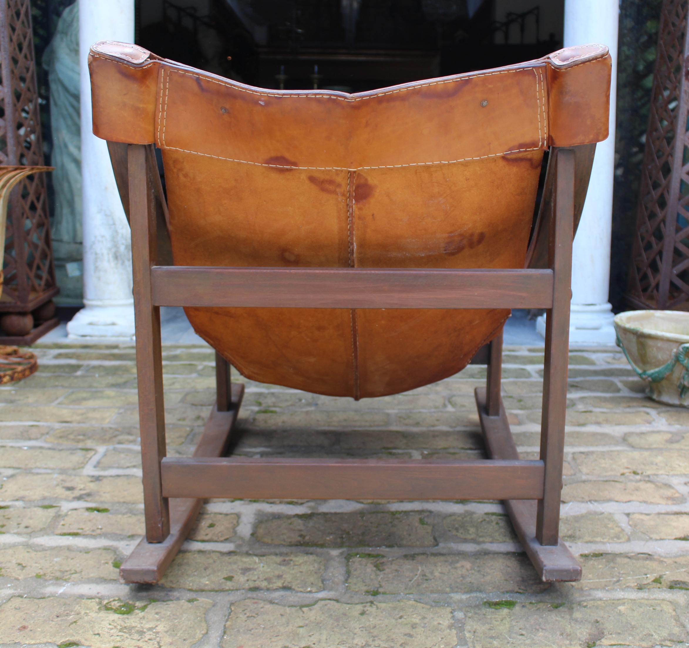 1950s Spanish Wood and Leather Rocking Chair 1