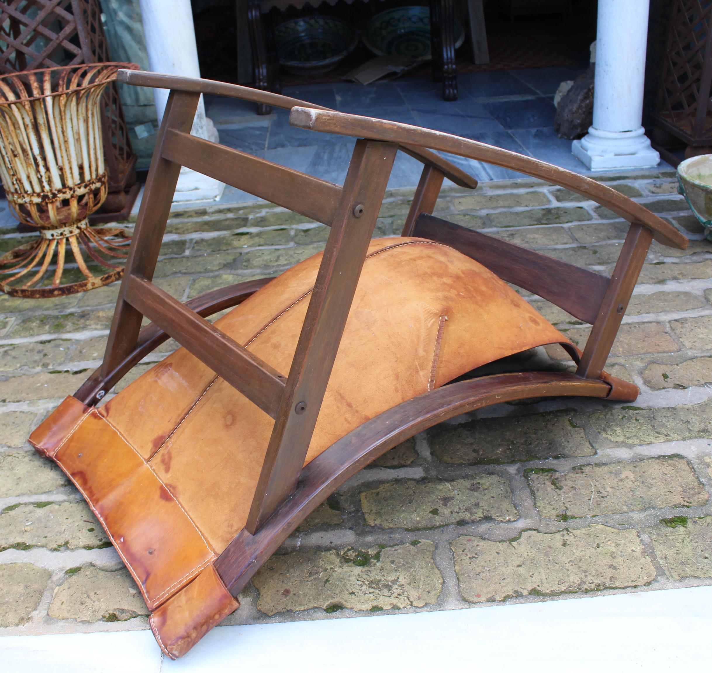 1950s Spanish Wood and Leather Rocking Chair 2