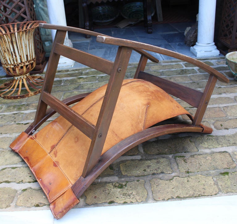 1950s Spanish Wood and Leather Rocking Chair at 1stDibs