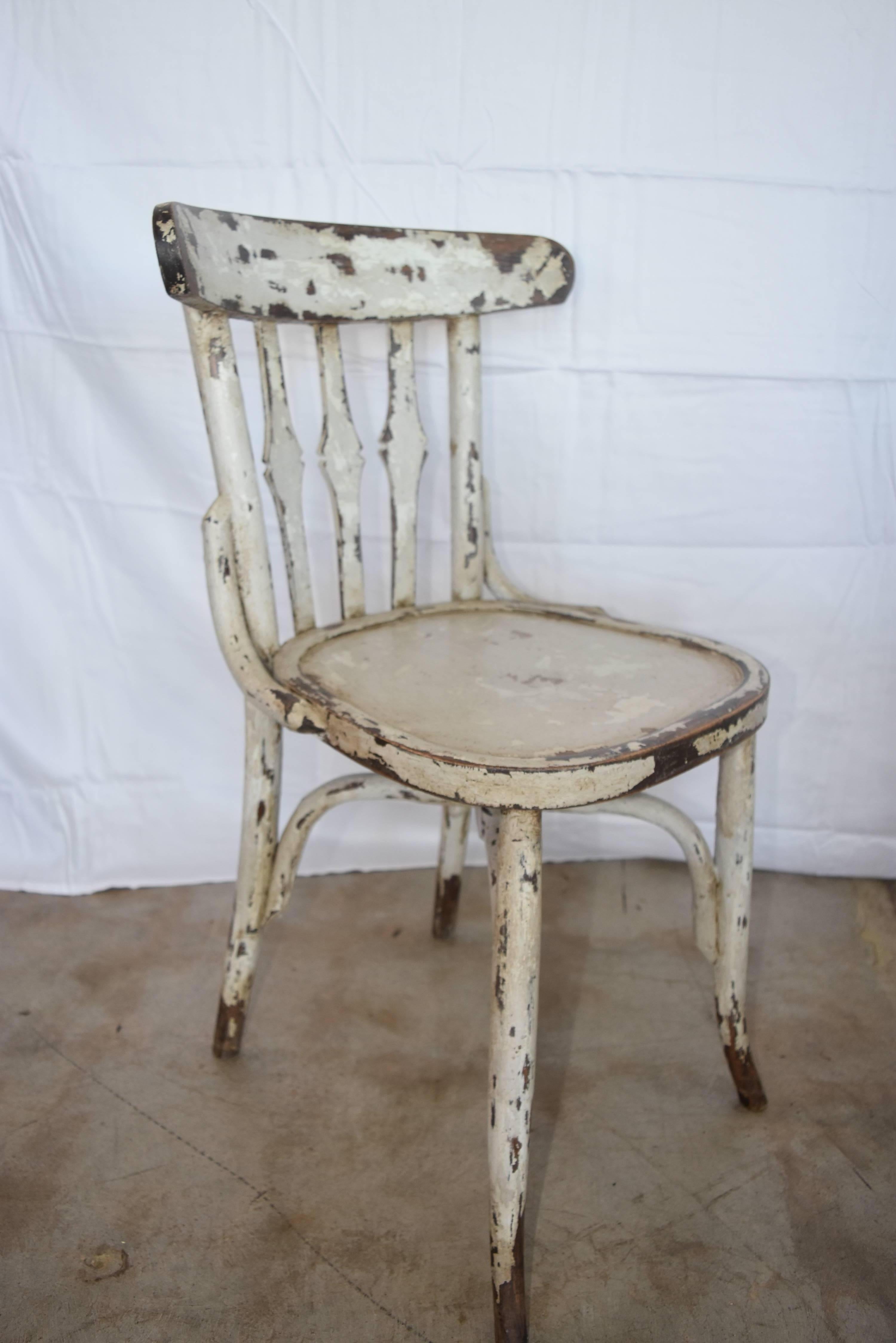 1950s Spanish Wooden Cafe Bistro Chairs with Light Gray Paint 4