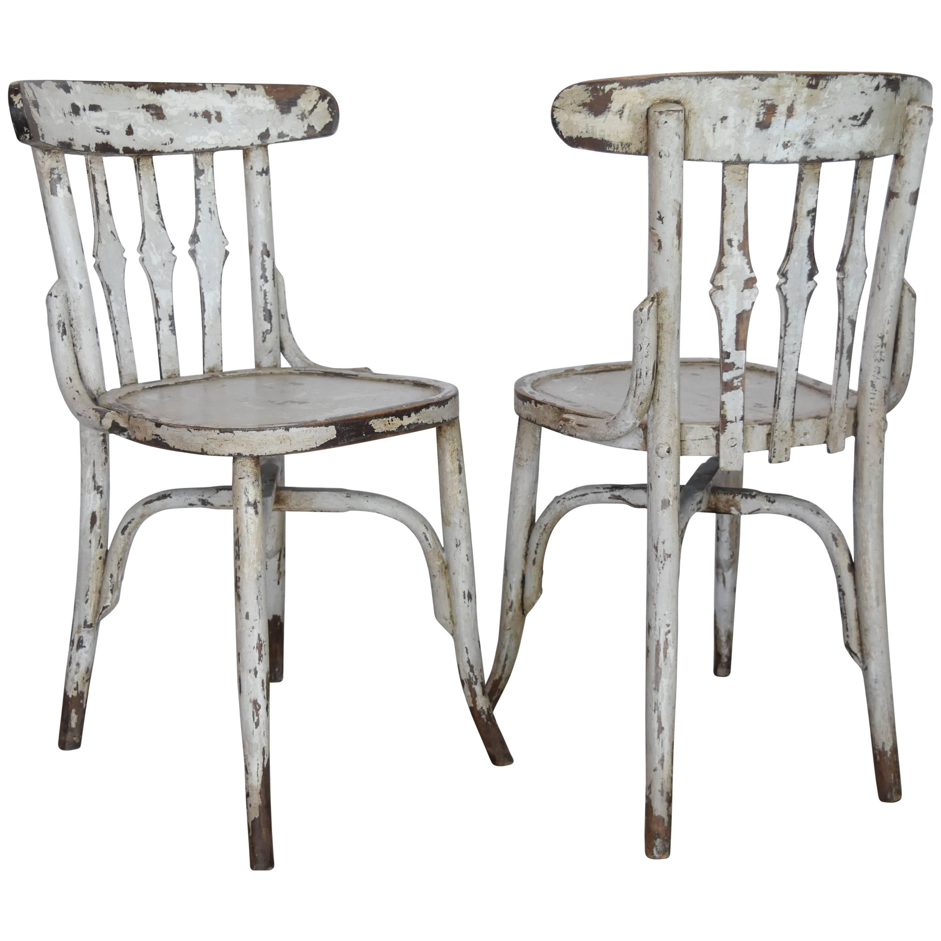 1950s Spanish Wooden Cafe Bistro Chairs with Light Gray Paint
