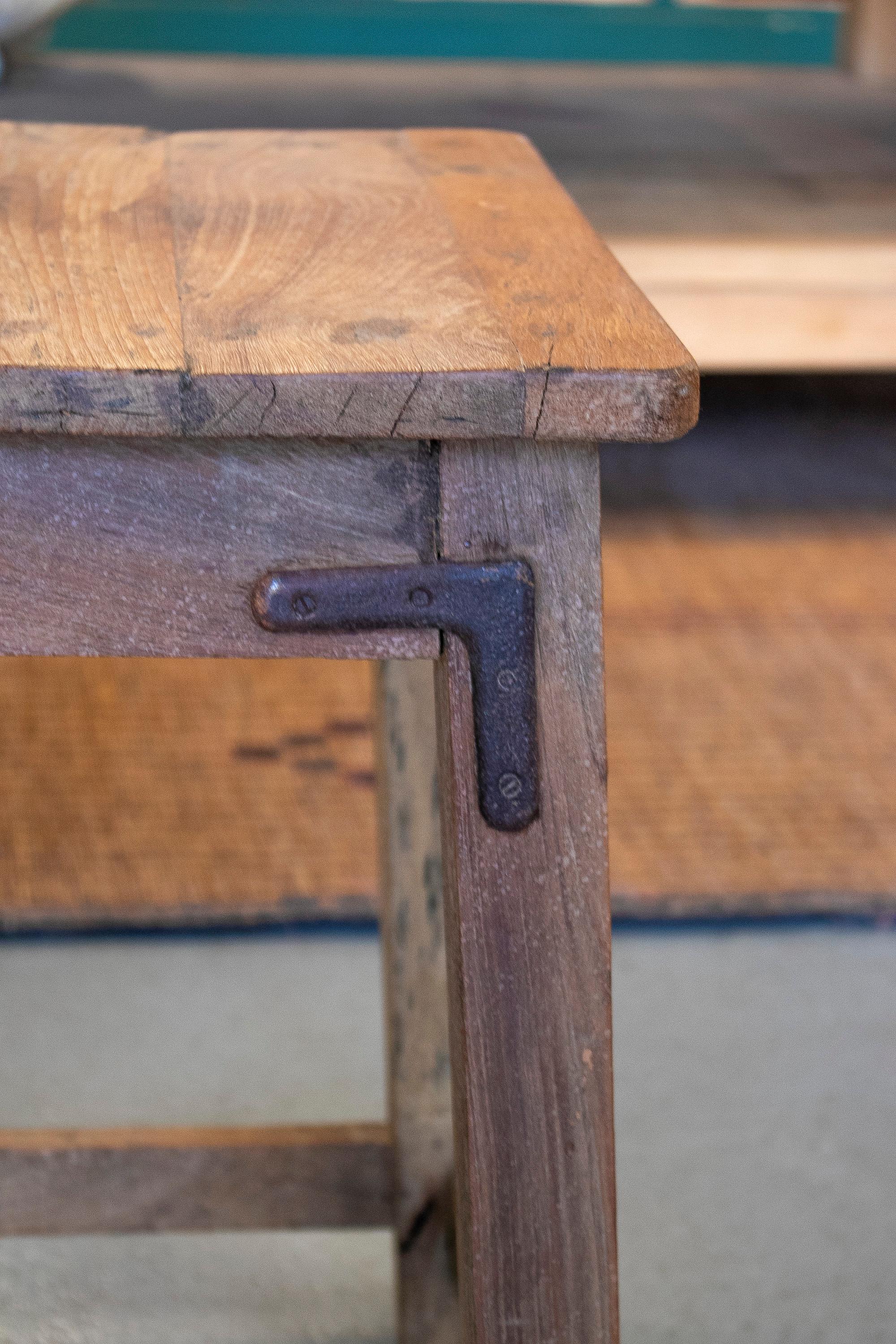 1950s Spanish Wooden Low Stool w/ Iron Corner Braces 8