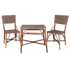 1950s Spanish Woven Wicker on Wood Set of 2-Chairs w/ Table