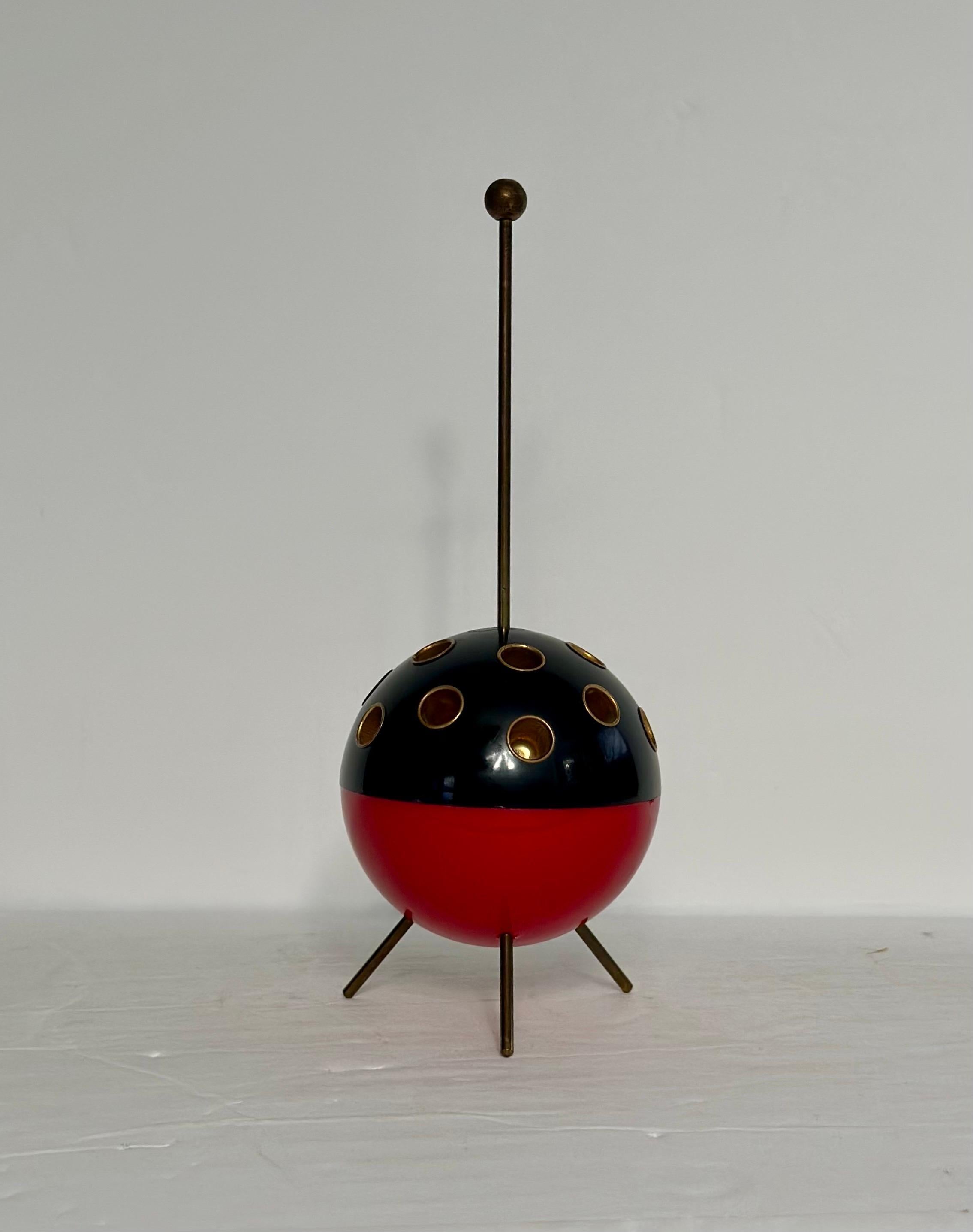 Mid-Century Modern 1950’s Sputnik Atomic Tripod Round Black Red & Brass Cigarette Holder