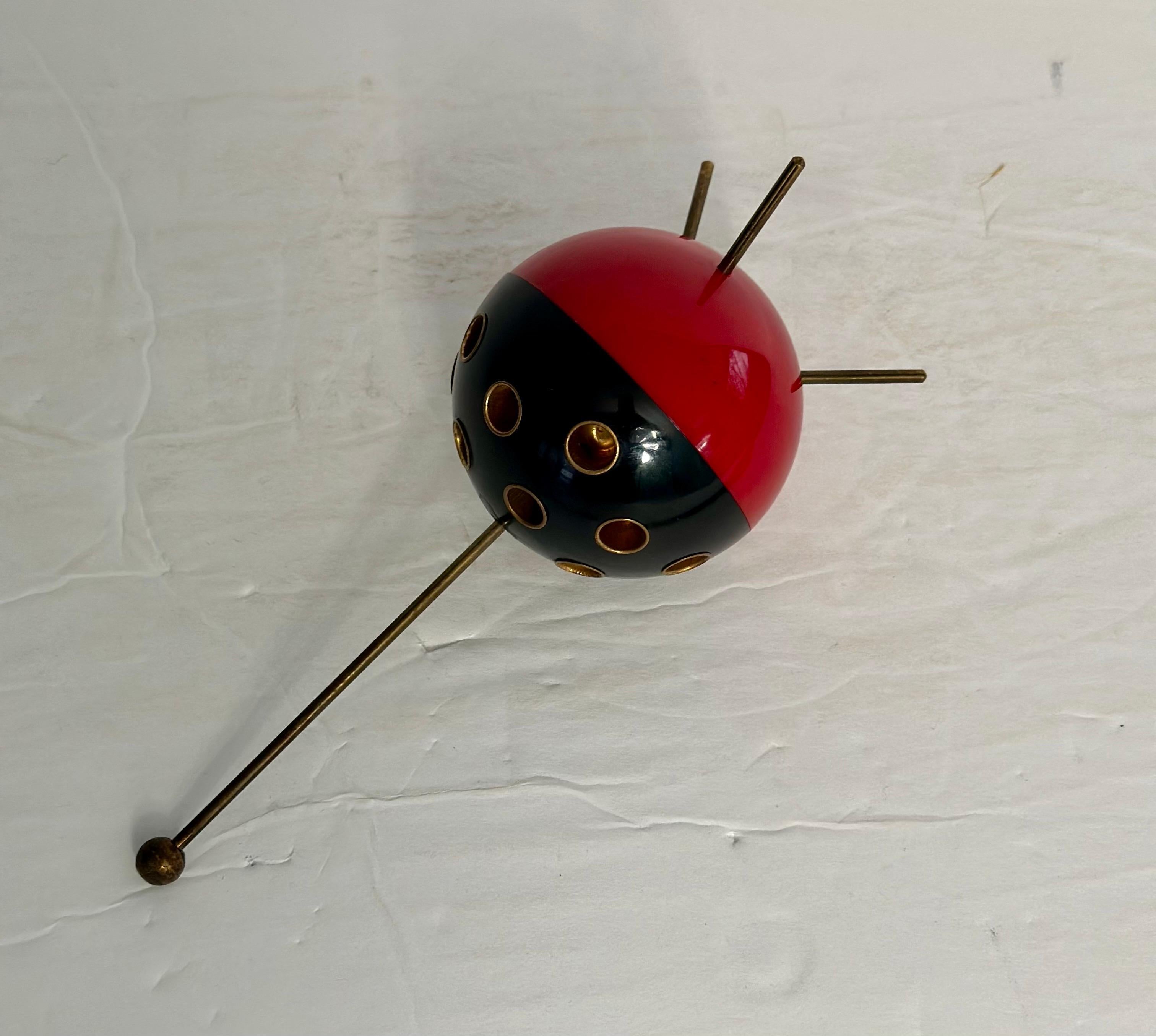 American 1950’s Sputnik Atomic Tripod Round Black Red & Brass Cigarette Holder