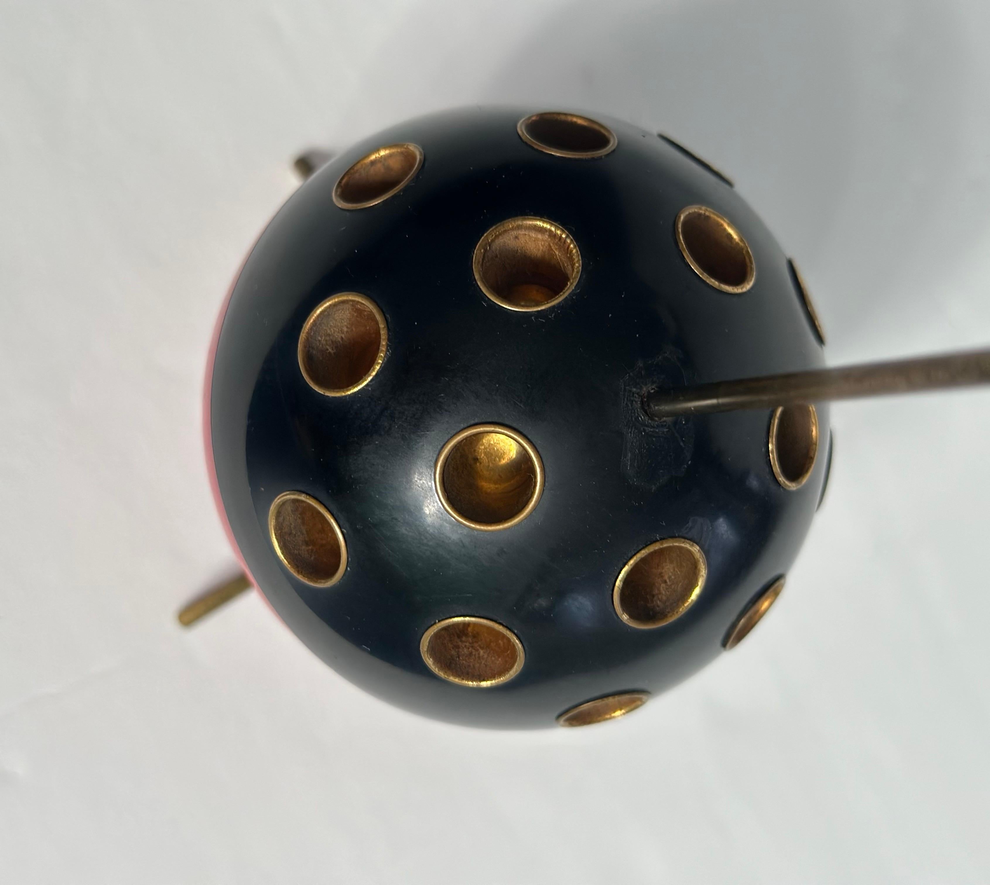 1950’s Sputnik Atomic Tripod Round Black Red & Brass Cigarette Holder In Good Condition In Farmington Hills, MI