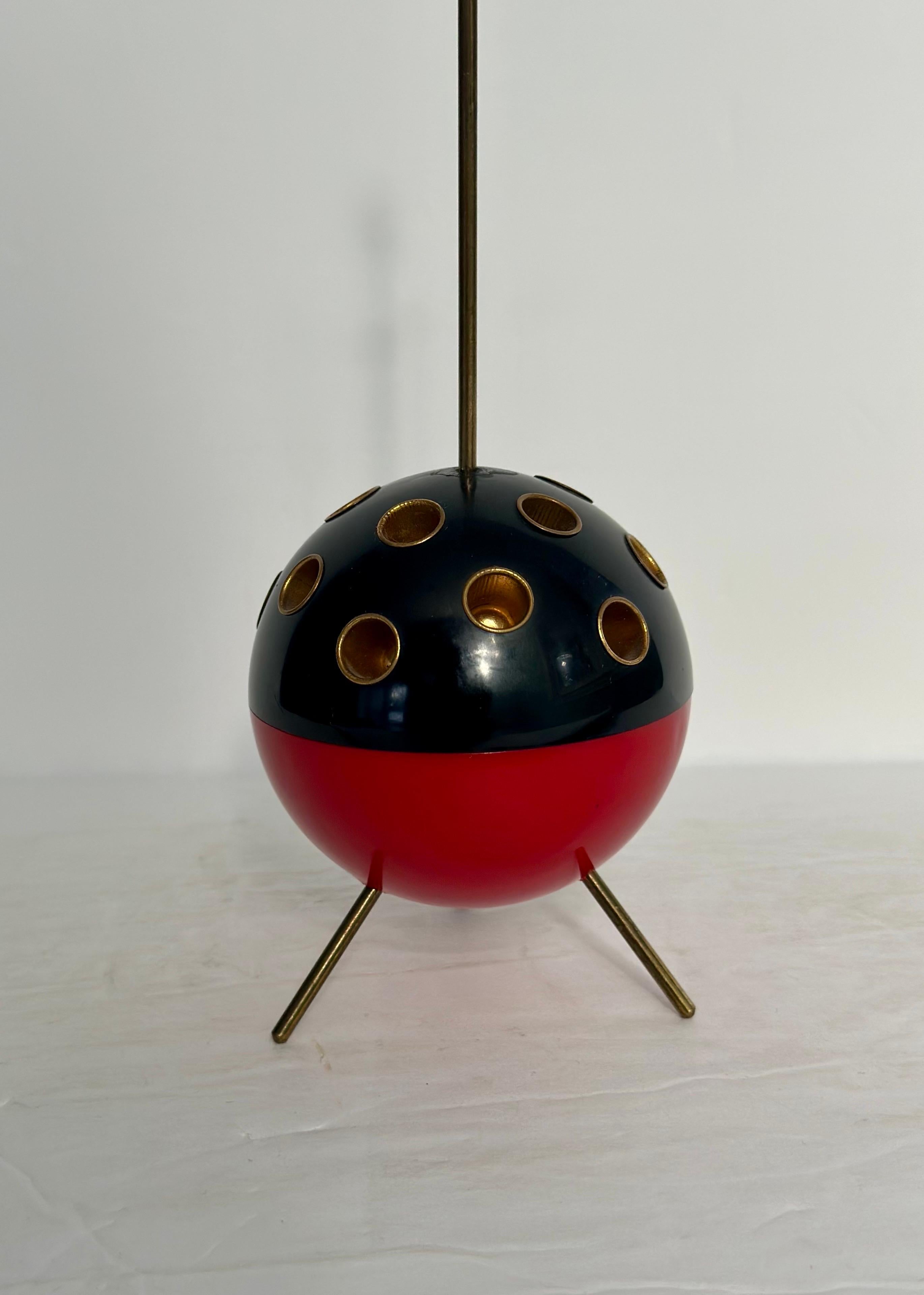 Mid-20th Century 1950’s Sputnik Atomic Tripod Round Black Red & Brass Cigarette Holder