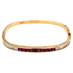 1950s Square Cut Ruby and Diamond Hinged Bangle Bracelet