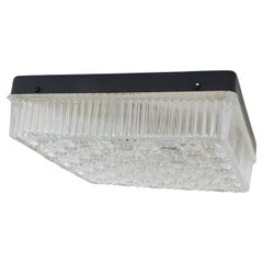 1950s Square Flush Mount Ceiling Fixture, Textured Pressed Glass, Black Metal