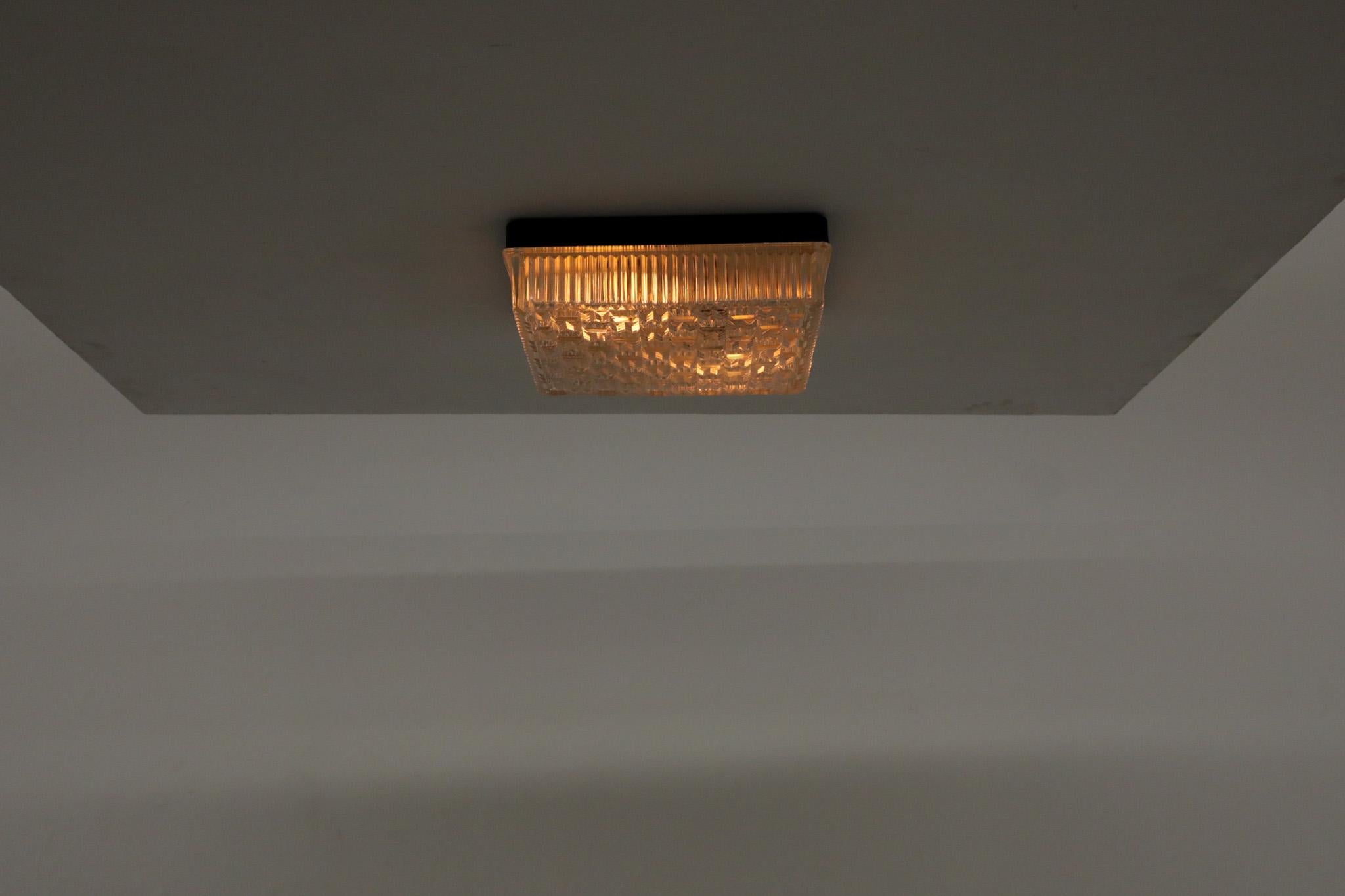 Mid-Century Modern 1950's Square Flush Mount Ceiling Sconce with Textured Pressed Glass Shade For Sale