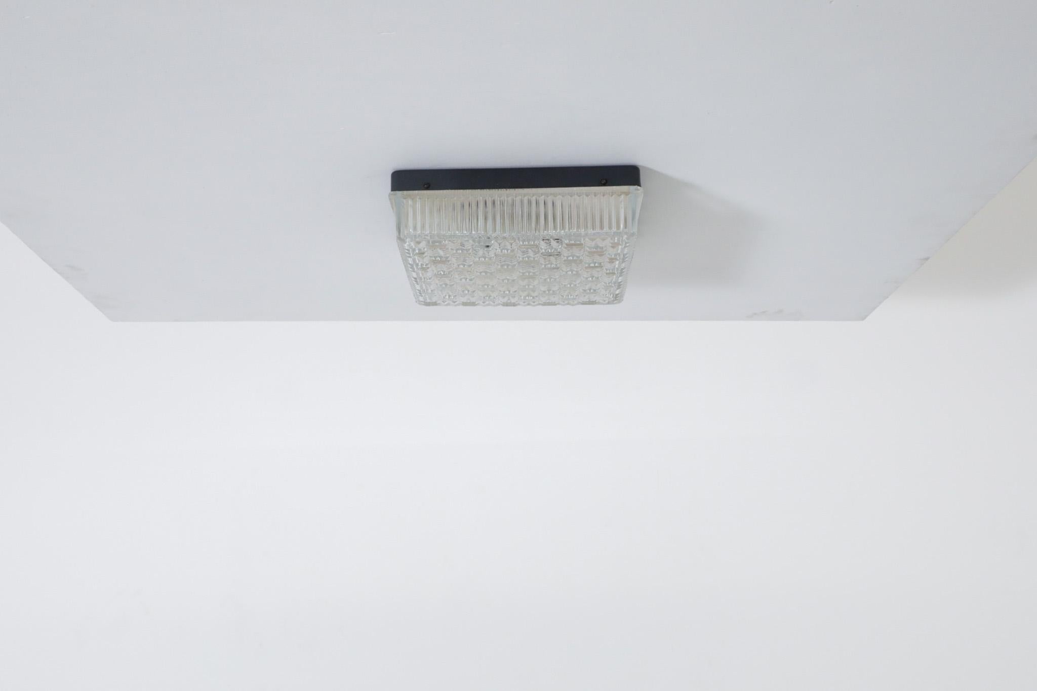 Dutch 1950's Square Flush Mount Ceiling Sconce with Textured Pressed Glass Shade For Sale