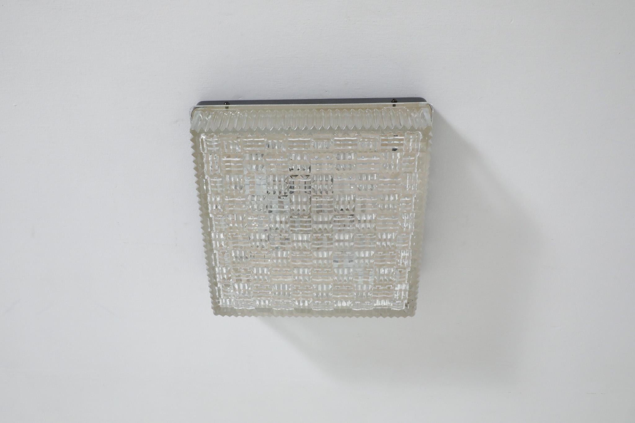 Enameled 1950's Square Flush Mount Ceiling Sconce with Textured Pressed Glass Shade For Sale
