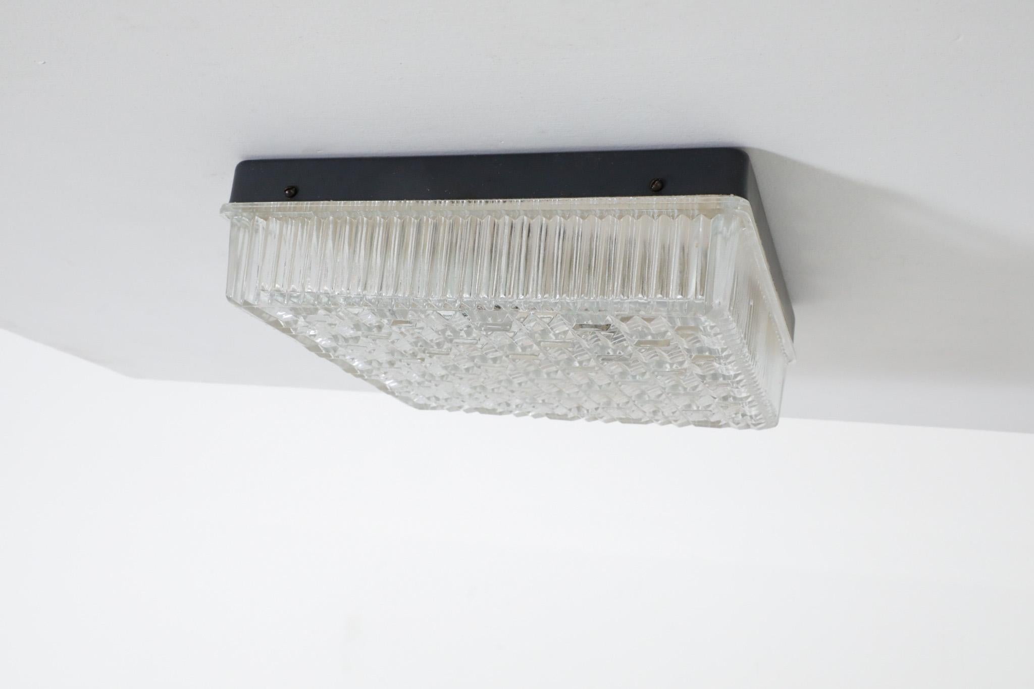 1950's Square Flush Mount Ceiling Sconce with Textured Pressed Glass Shade In Good Condition For Sale In Los Angeles, CA