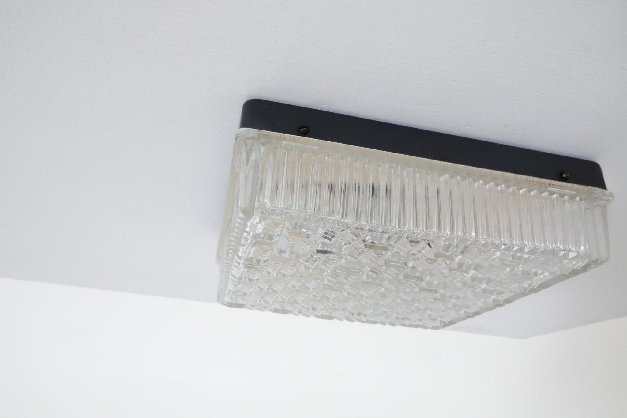 20th Century 1950's Square Flush Mount Ceiling Sconce with Textured Pressed Glass Shade For Sale