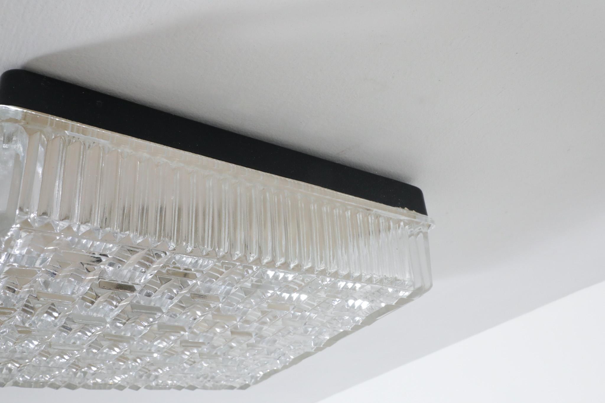 Metal 1950's Square Flush Mount Ceiling Sconce with Textured Pressed Glass Shade For Sale