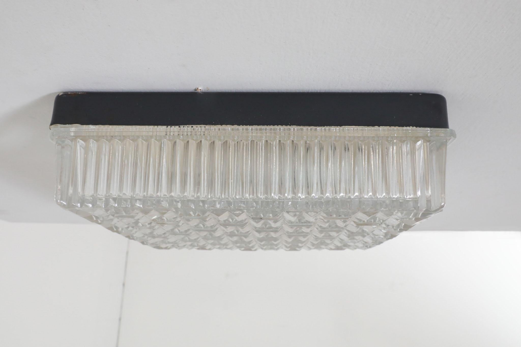 1950's Square Flush Mount Ceiling Sconce with Textured Pressed Glass Shade For Sale 1