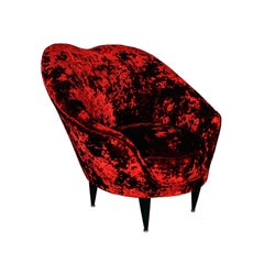 Mid-Century Modern Squat Corner In Armchair Carmine Red Velvet - Italy