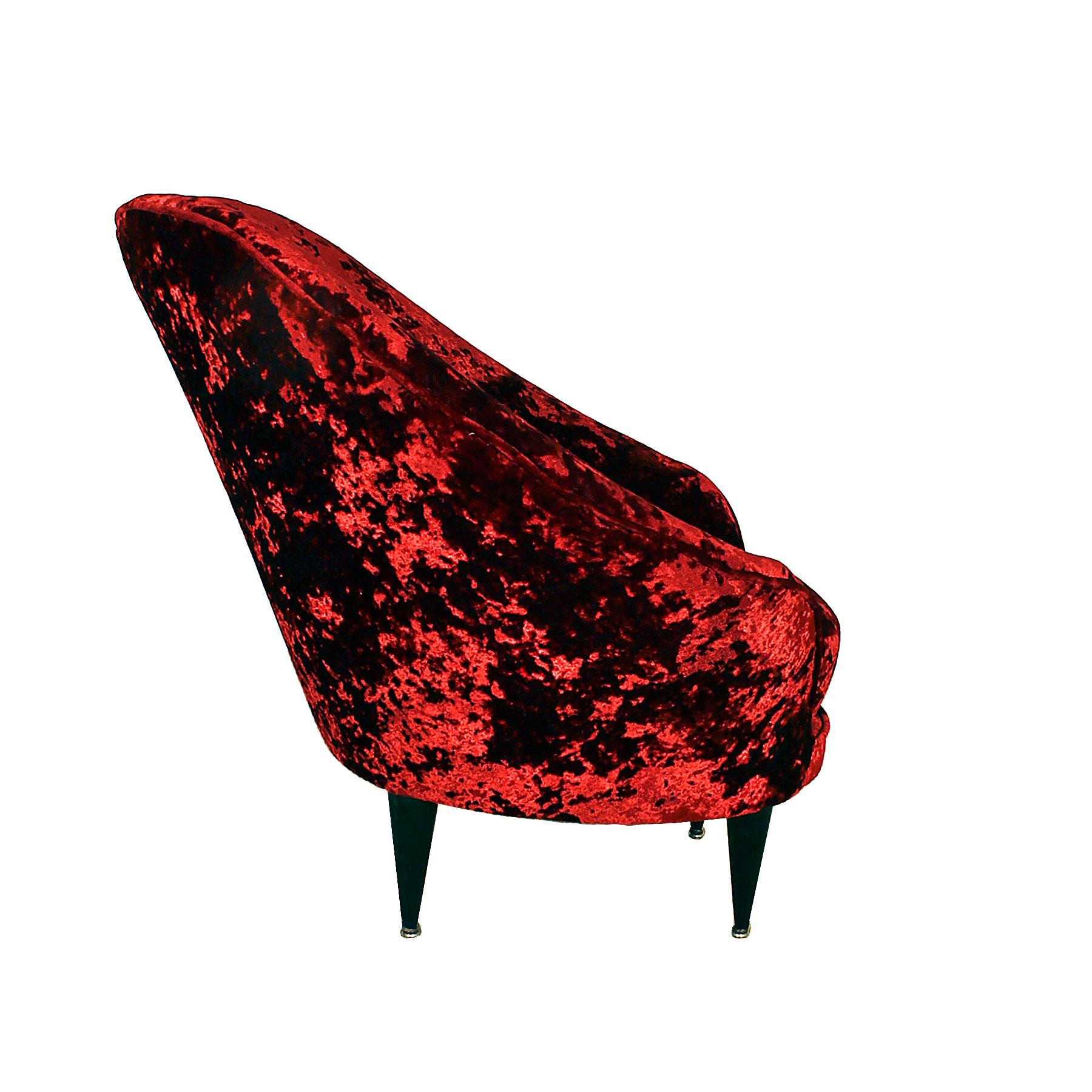 Italian Mid-Century Modern Squat Corner In Armchair Carmine Red Velvet - Italy For Sale