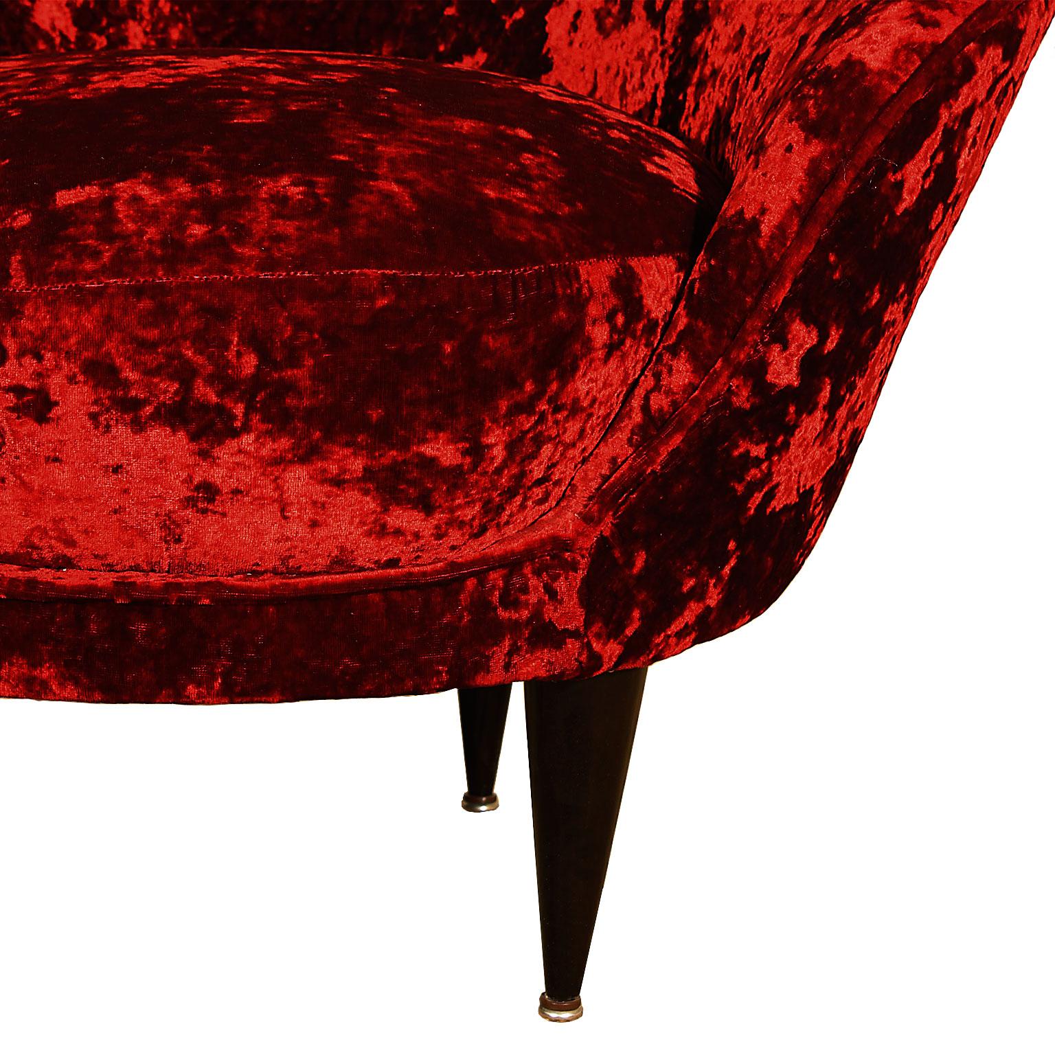 Mid-Century Modern Squat Corner In Armchair Carmine Red Velvet - Italy 3