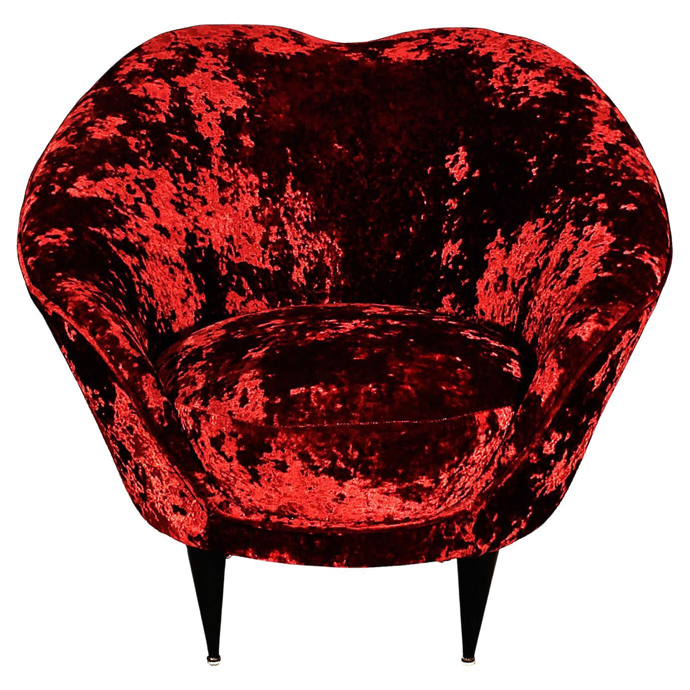 1950s Squat Corner Armchair Carmine Red Velvet, Wood Polished Feet, Italy