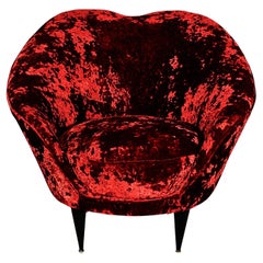 1950s Squat Corner Armchair Carmine Red Velvet, Wood Polished Feet, Italy