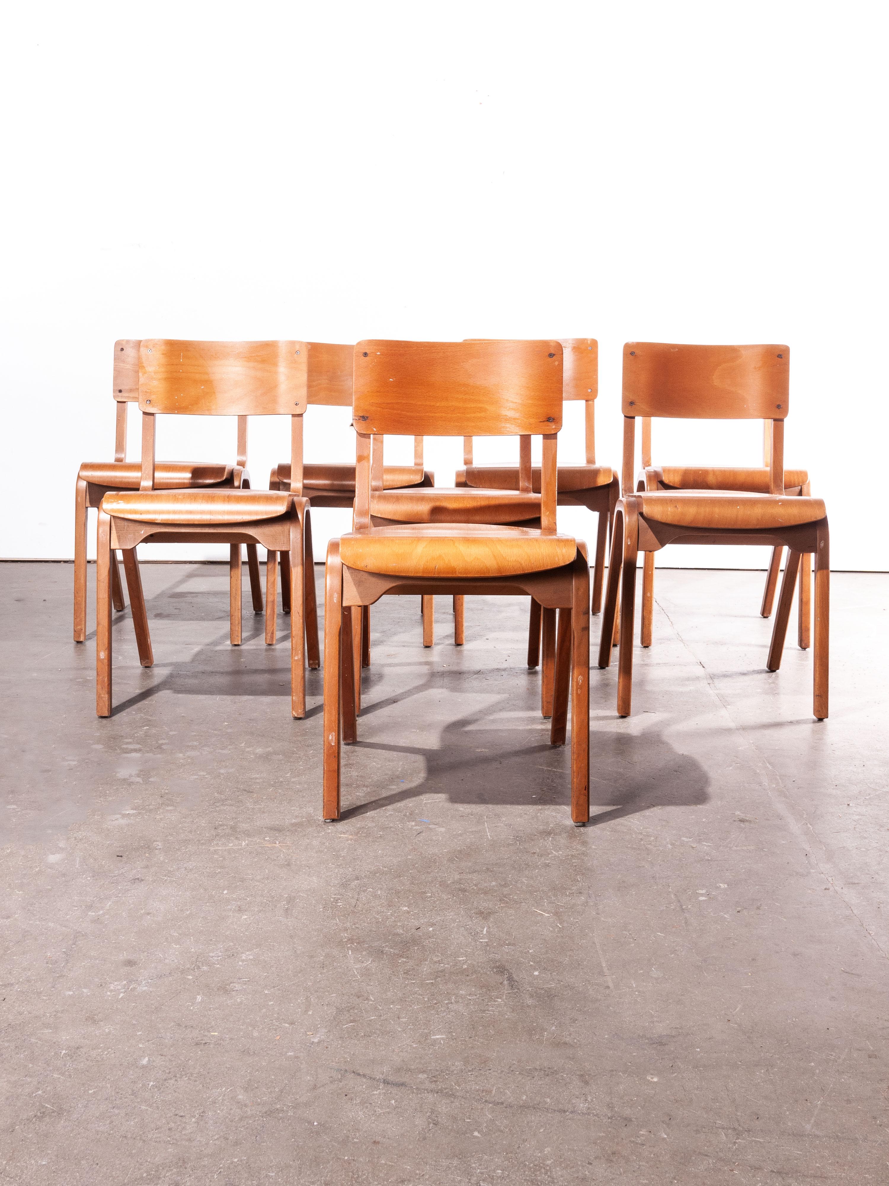 1950s stacking dining chairs by ESA James Leonard, Lamstak, set of eight, other quantities available

Set of eight 1950s rare vintage James Leonard ESA Esavian stacking dining chairs. This is one of our favourite model of chairs. Designed by James