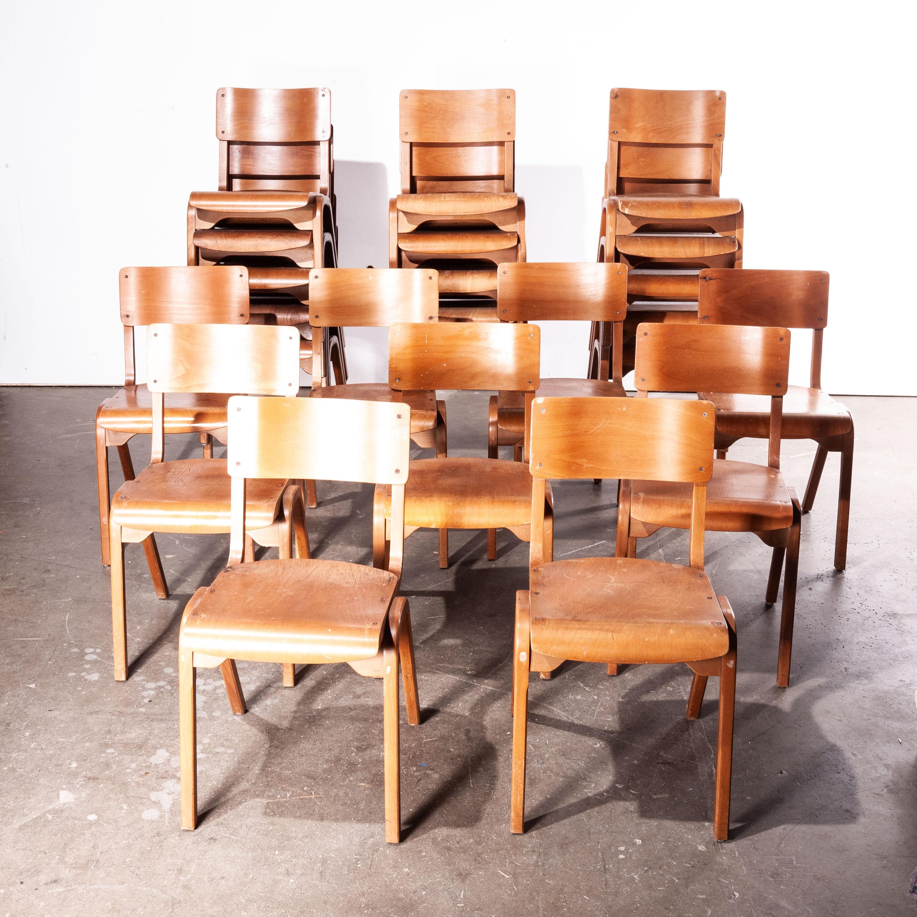 1950s stacking dining chairs by ESA James Leonard, Lamstak, set of twenty four, other quantities available

Set of twenty four 1950s rare vintage James Leonard ESA Esavian stacking dining chairs. This is one of our favourite models of chairs.