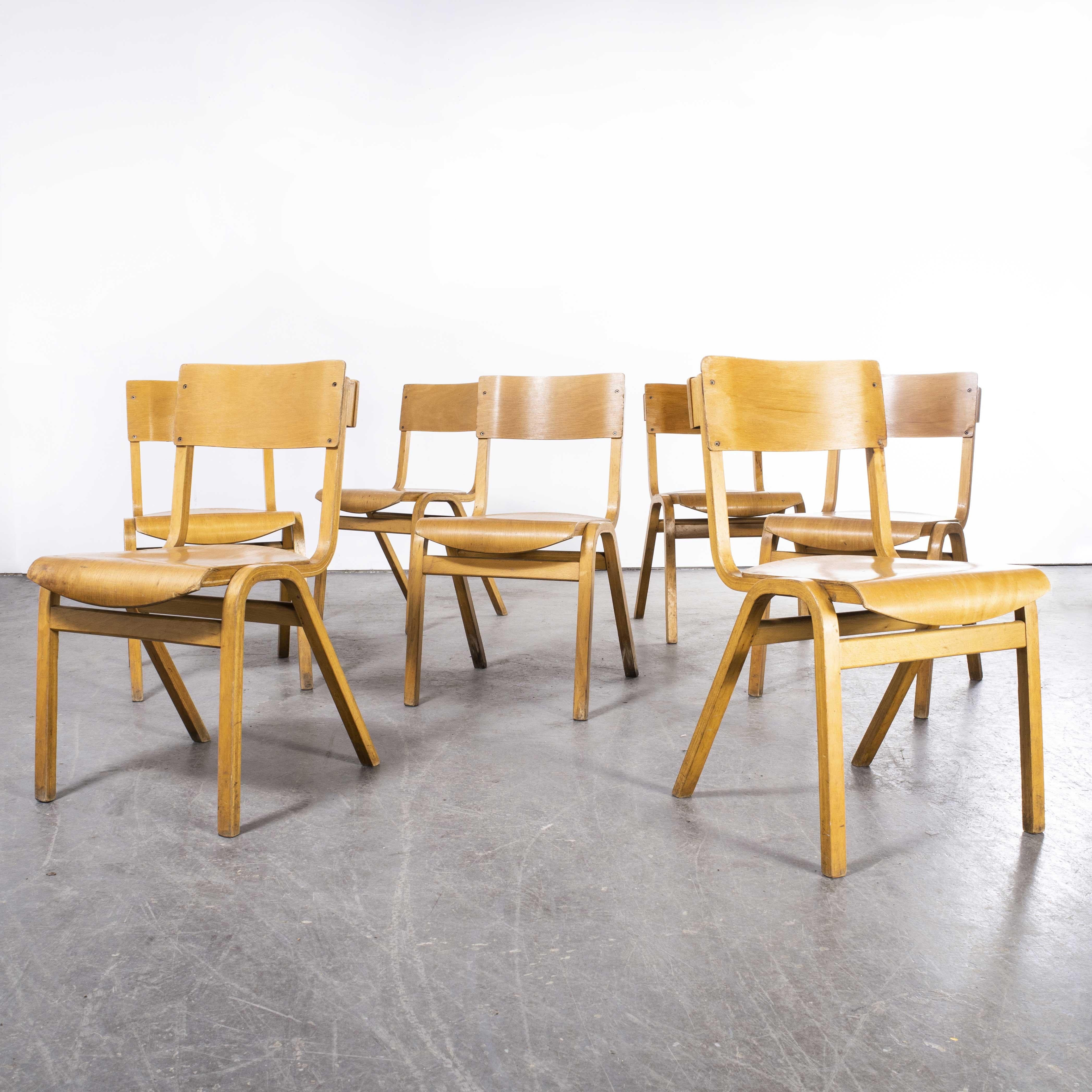1950s stacking dining chairs By Lamstak – Set of Six
1950s stacking dining chairs By Lamstak – Set of Six. Lamstak was a large producer of chairs in the midcentury period. They pioneered making chairs using laminated bentwood for strength and these