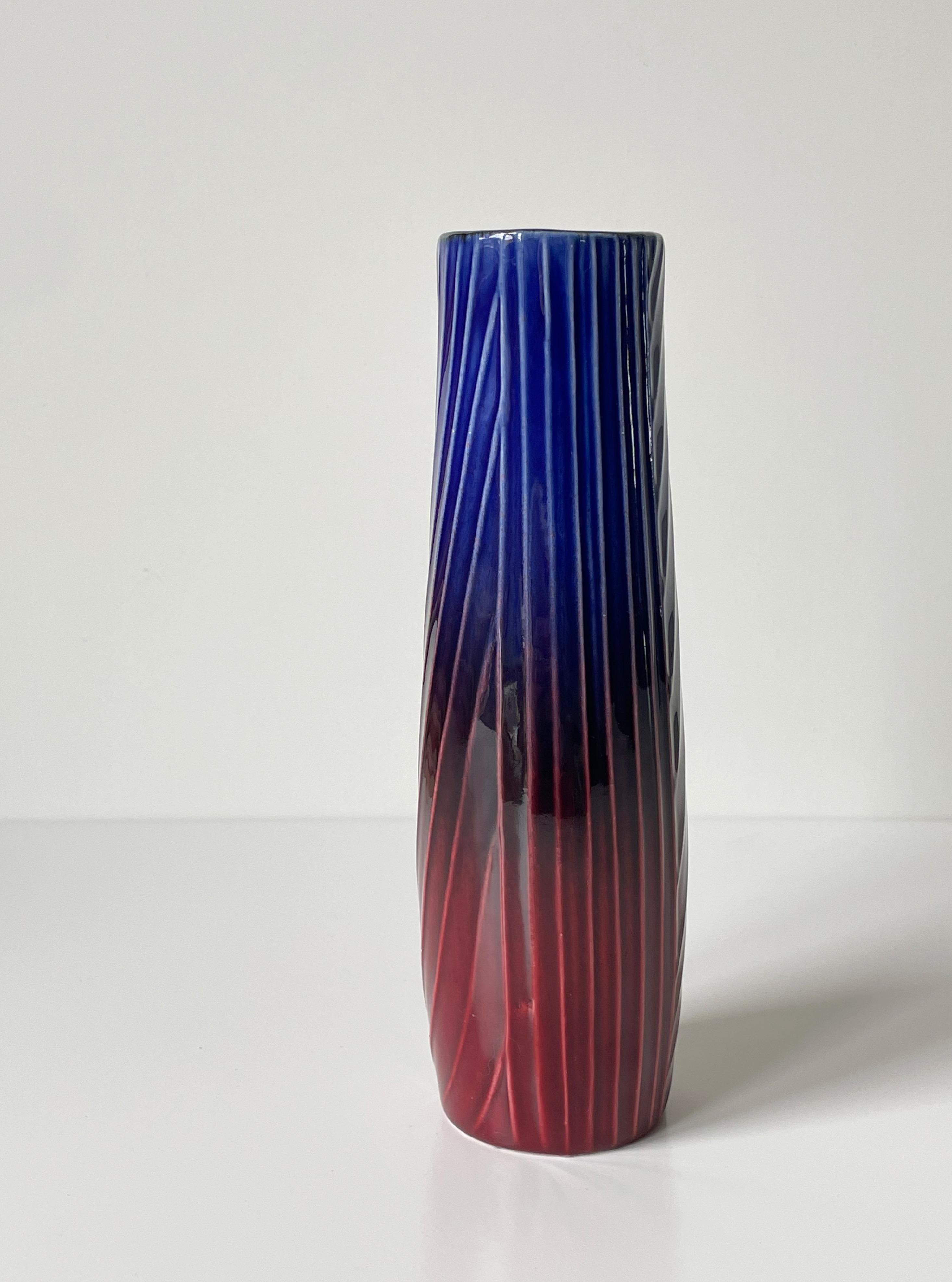 Hand-Crafted 1950s Carl-Harry Stålhane Blue, Burgundy Stoneware Vase, Rörstrand For Sale