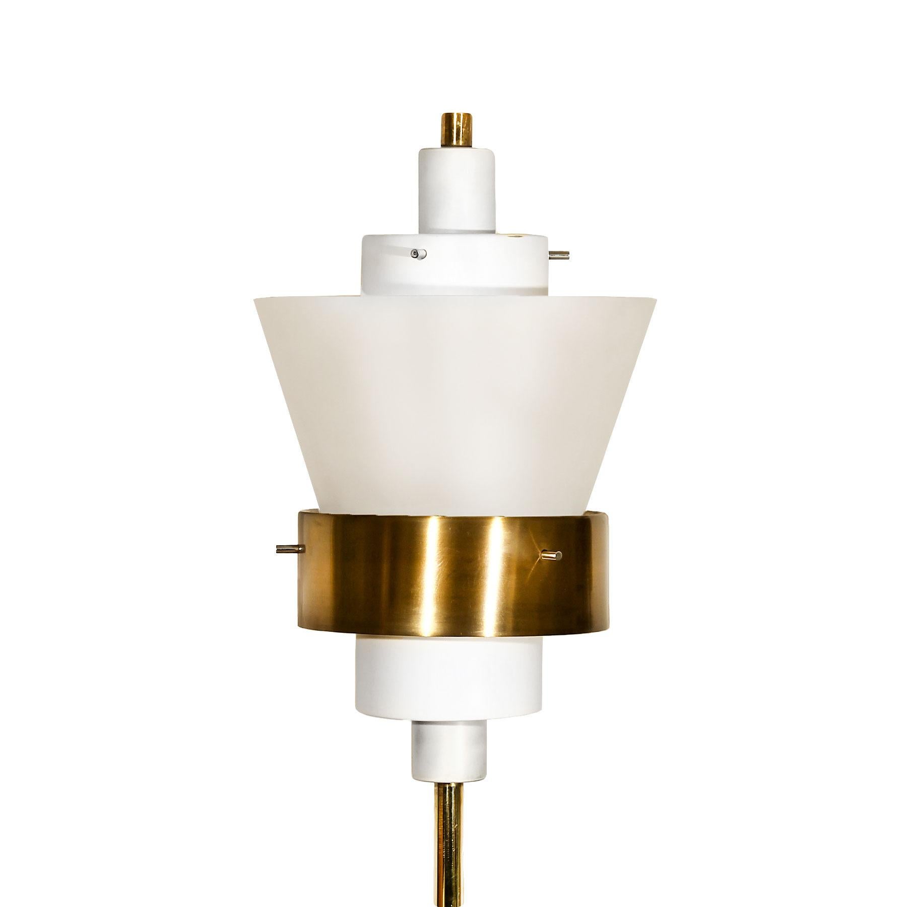 Standing lamp, solid brass, lacquered sheet metal and Lucite lampshade, completely from origin.
Maker: Stilnovo (label), 
Italy, circa 1950.