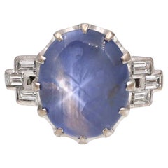 1950s Star Sapphire and Baguette Diamond Ring in 18kt White Gold