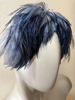 1950s Steel Blue Ballet-Inspired Lush Feather Headband Hat w Velvet Ruffle Gimp