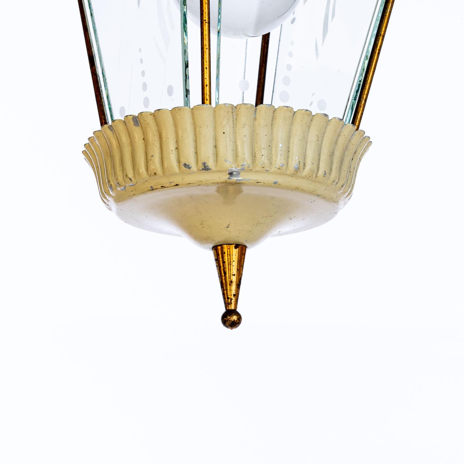 Italian 1950's Steel, Brass & Glass Lantern in Style of Pietro Chiesa For Sale