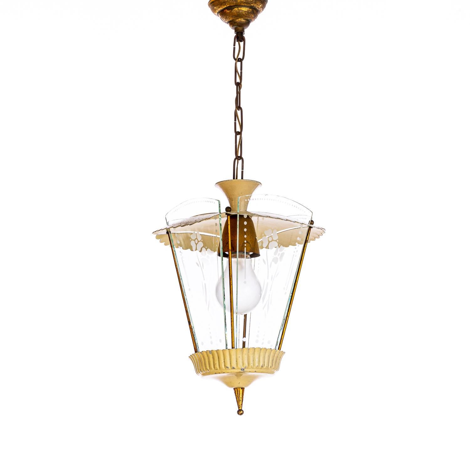 1950's Steel, Brass & Glass Lantern in Style of Pietro Chiesa For Sale 3