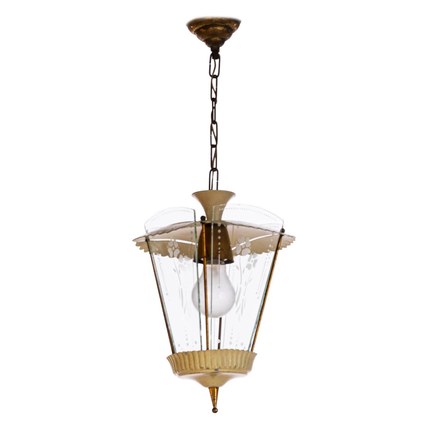 1950's Steel, Brass & Glass Lantern in Style of Pietro Chiesa For Sale