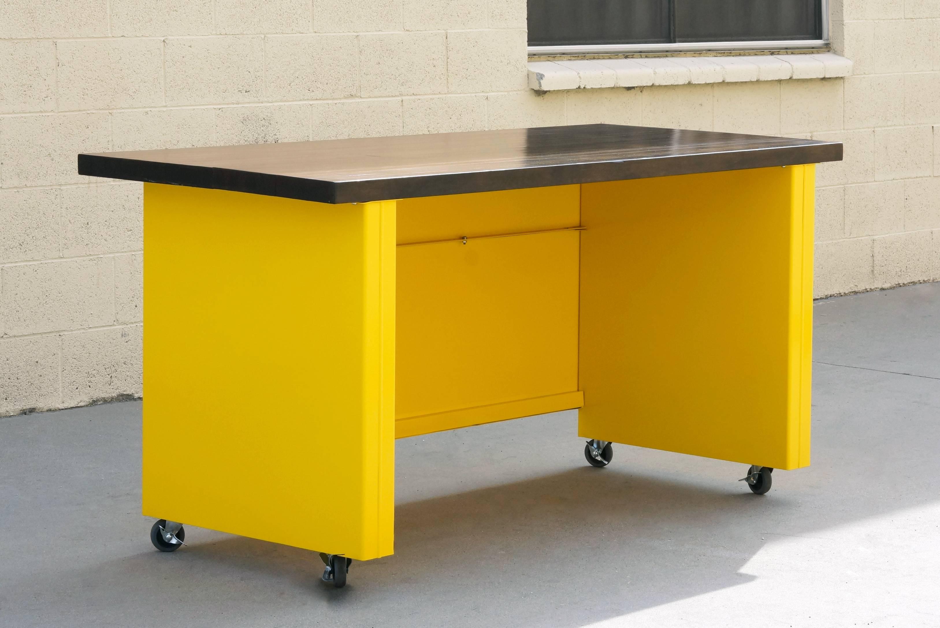 Excellent (and most unusual) 1950s steel workbench table. We refinished this beauty in 