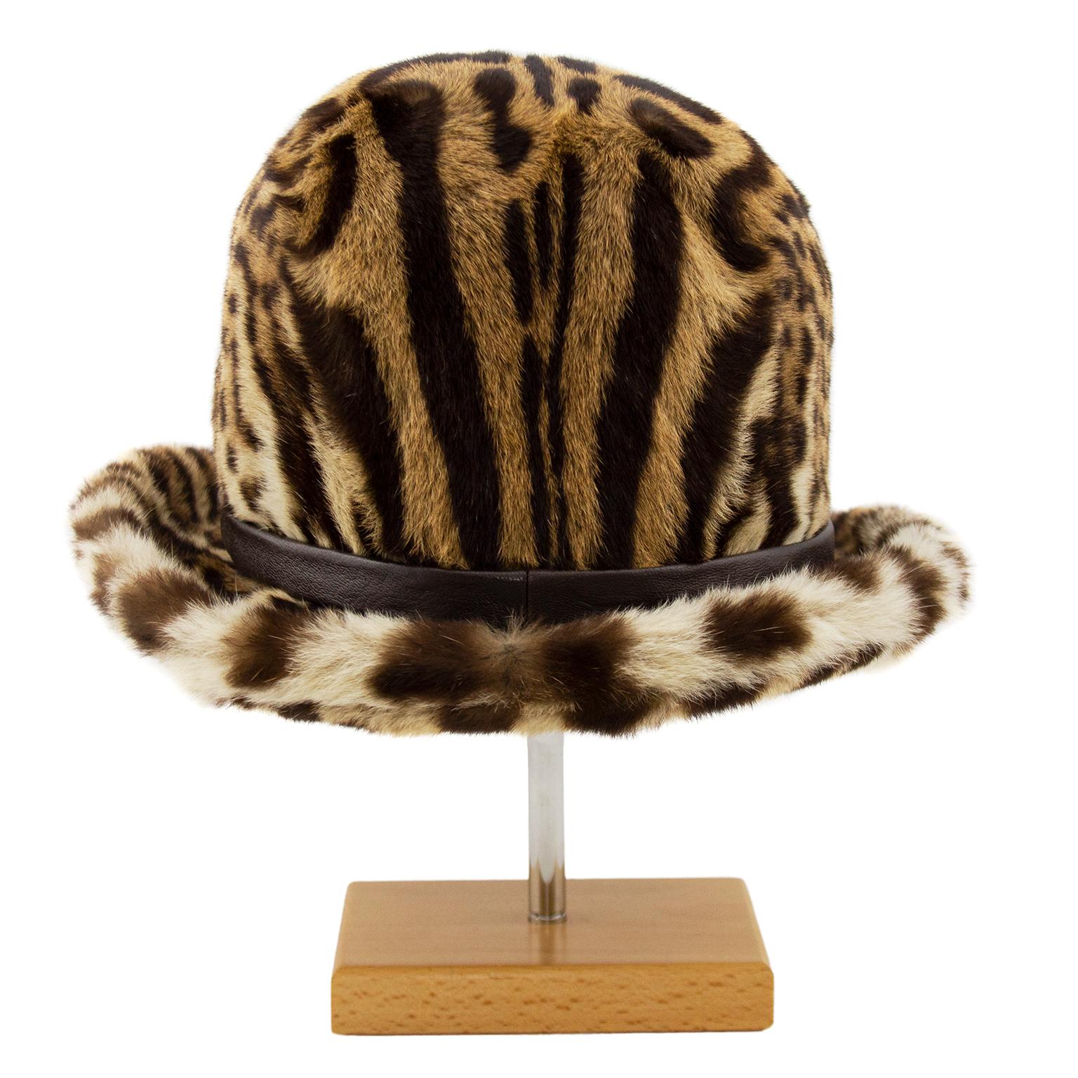 Brown 1950s Stencil Fur Faux Leopard Bowler Hat 