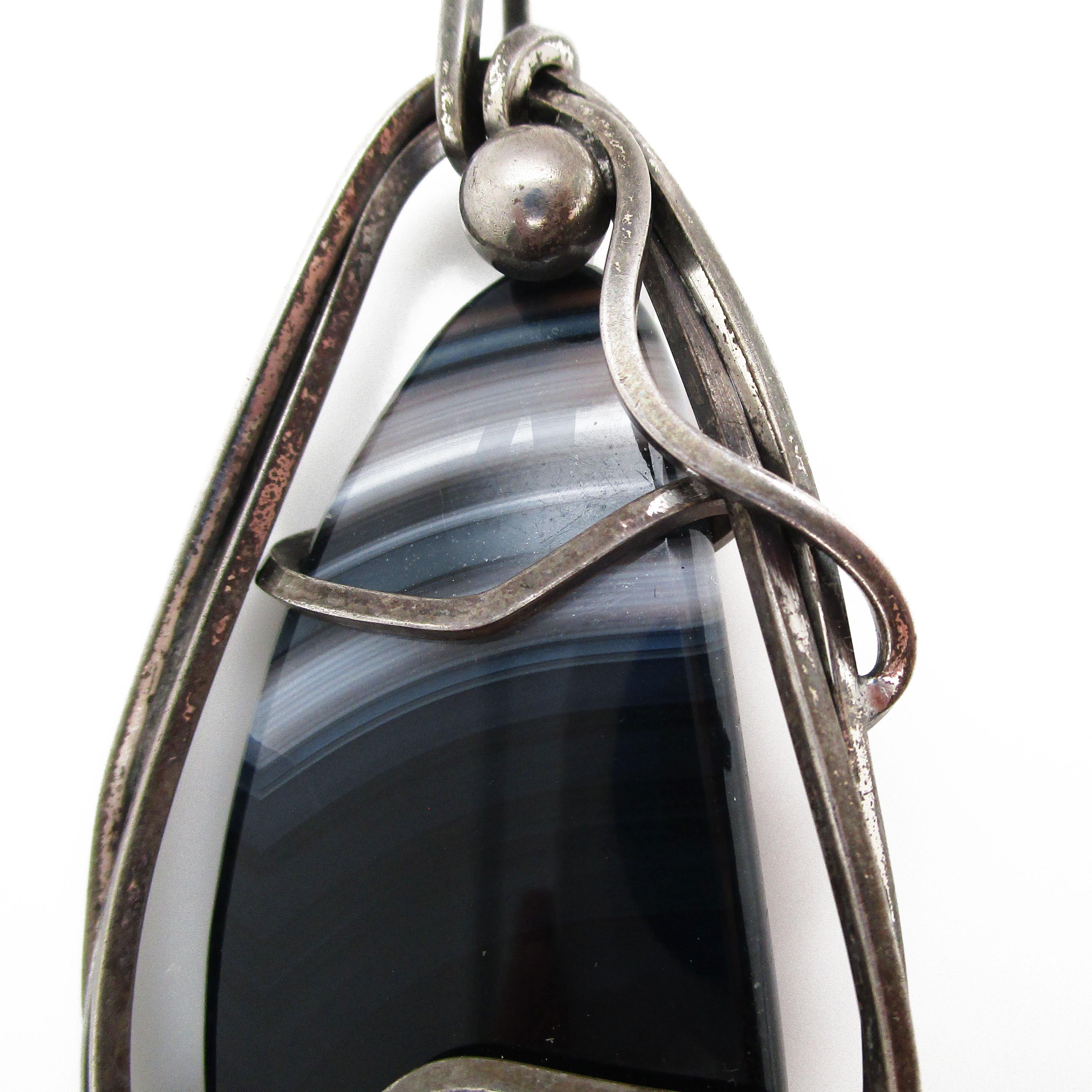 Uncut 1950s Sterling Silver and Agate Rebajes Signed Pin Pendant For Sale