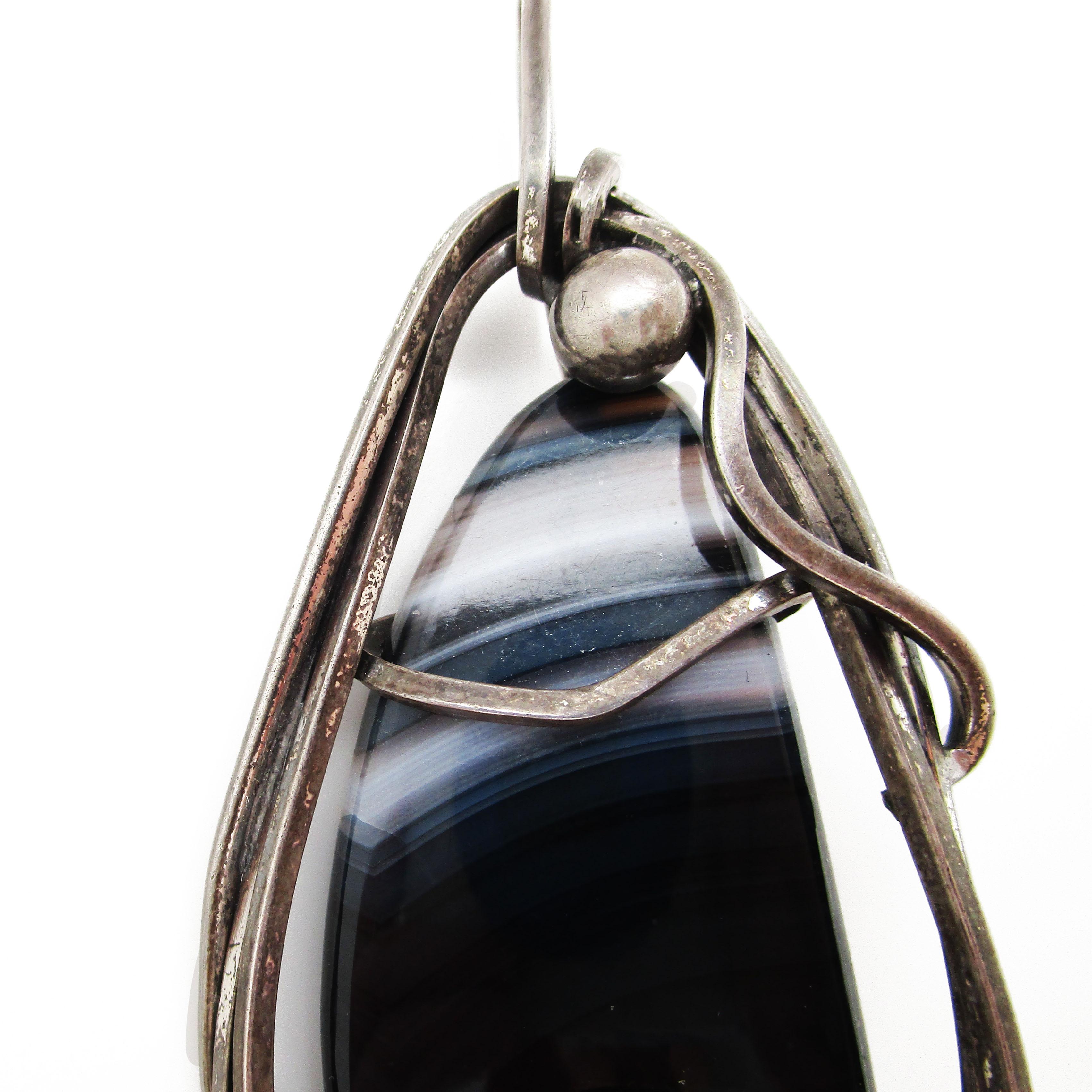 Women's or Men's 1950s Sterling Silver and Agate Rebajes Signed Pin Pendant For Sale