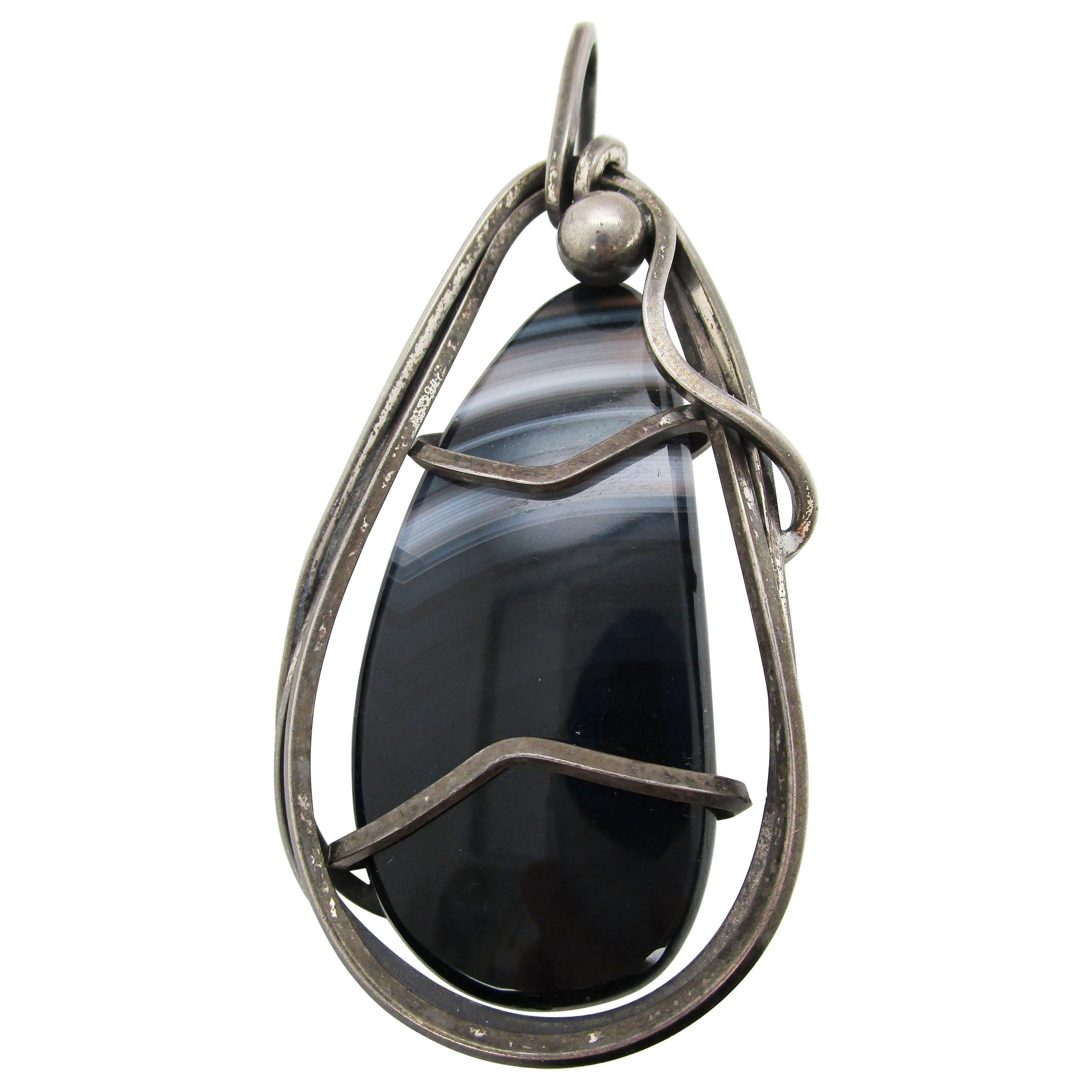 1950s Sterling Silver and Agate Rebajes Signed Pin Pendant For Sale