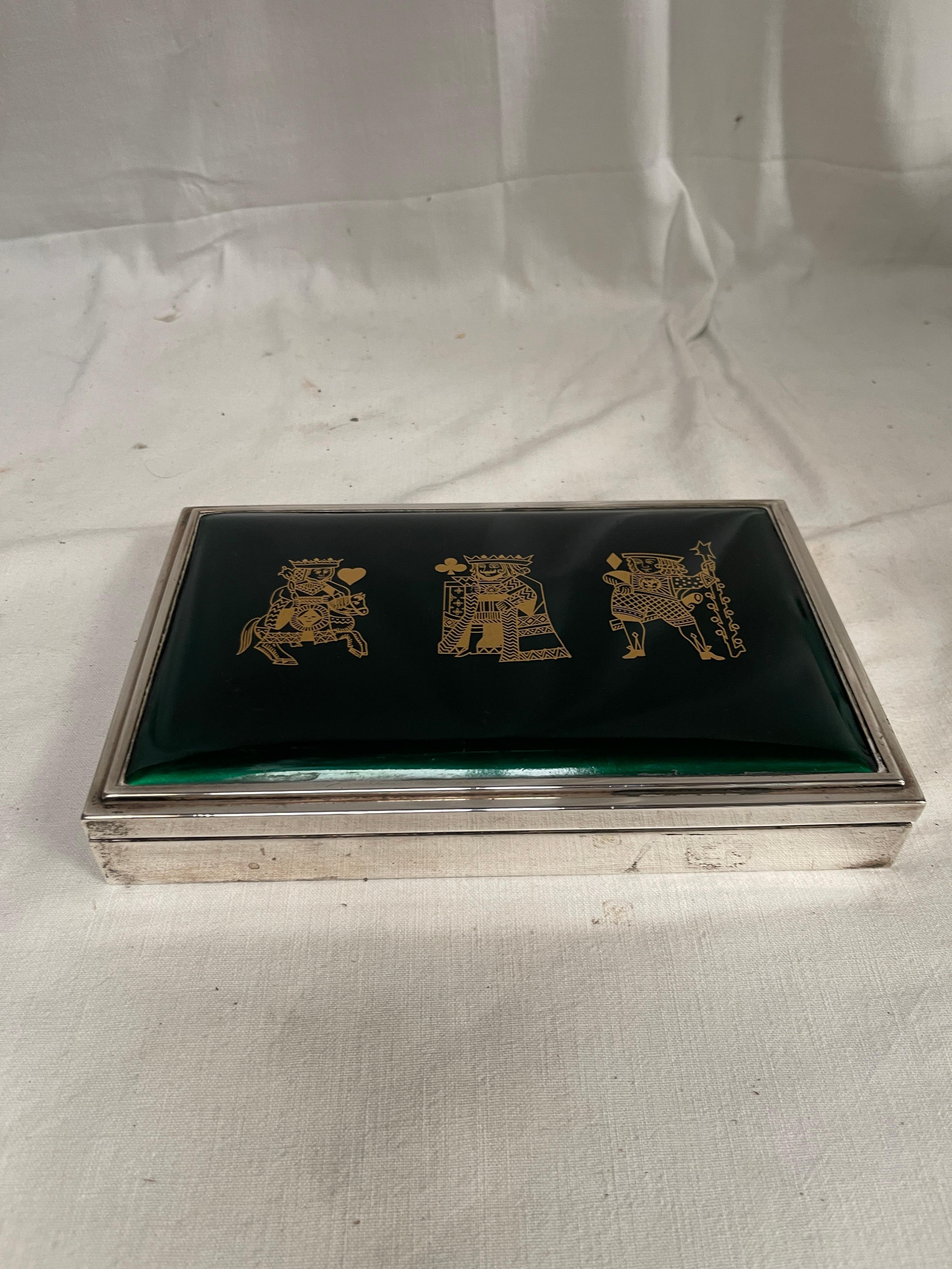 Caja de plata de ley y esmalte de los años 50 Art Decó en venta