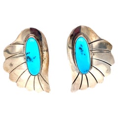 Retro 1950s Sterling Silver Oval Turquoise Fan Clip Earrings