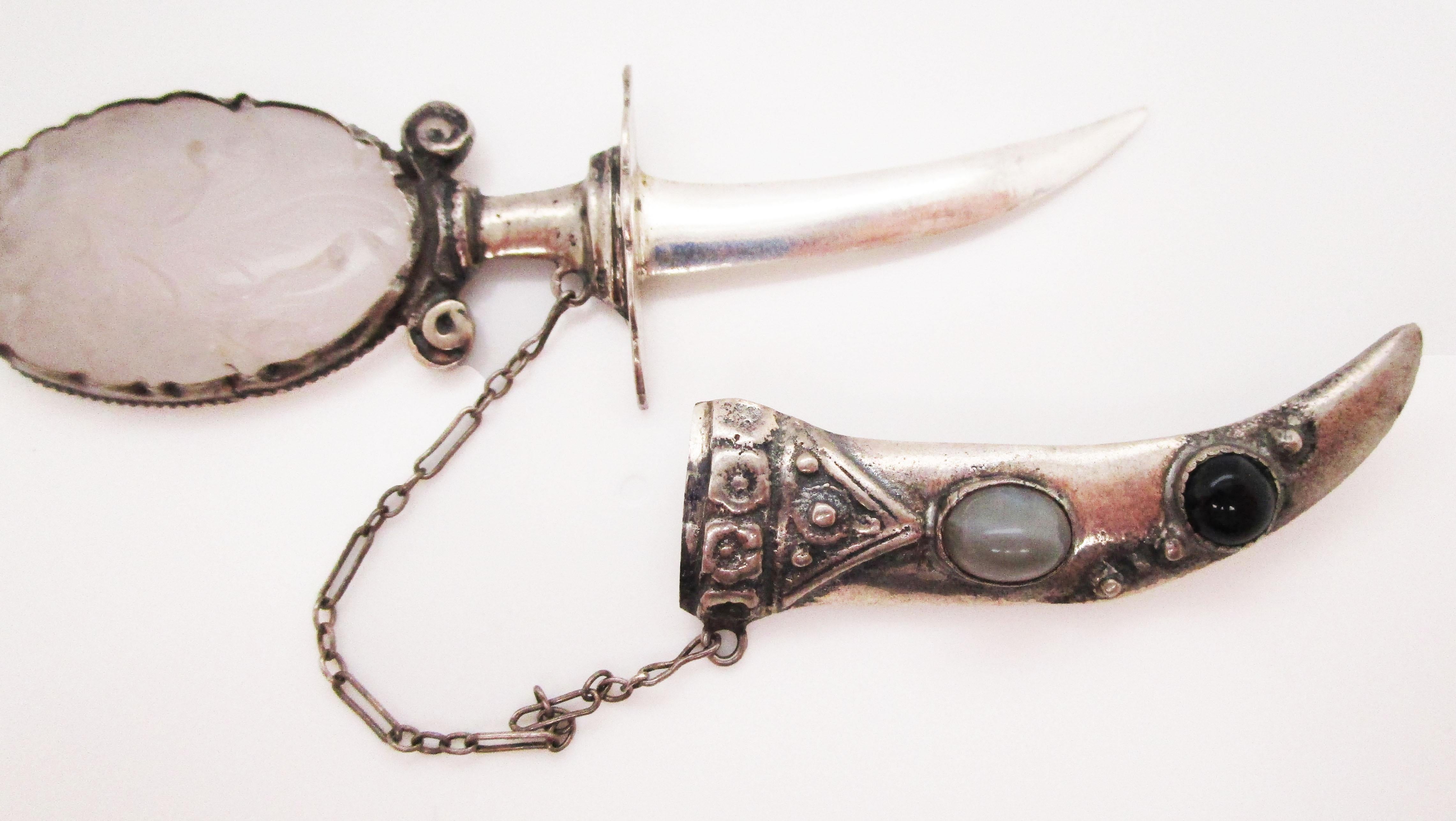 Modernist 1950s Sterling Silver Black Onyx and Quartz Glass Sword Brooch For Sale