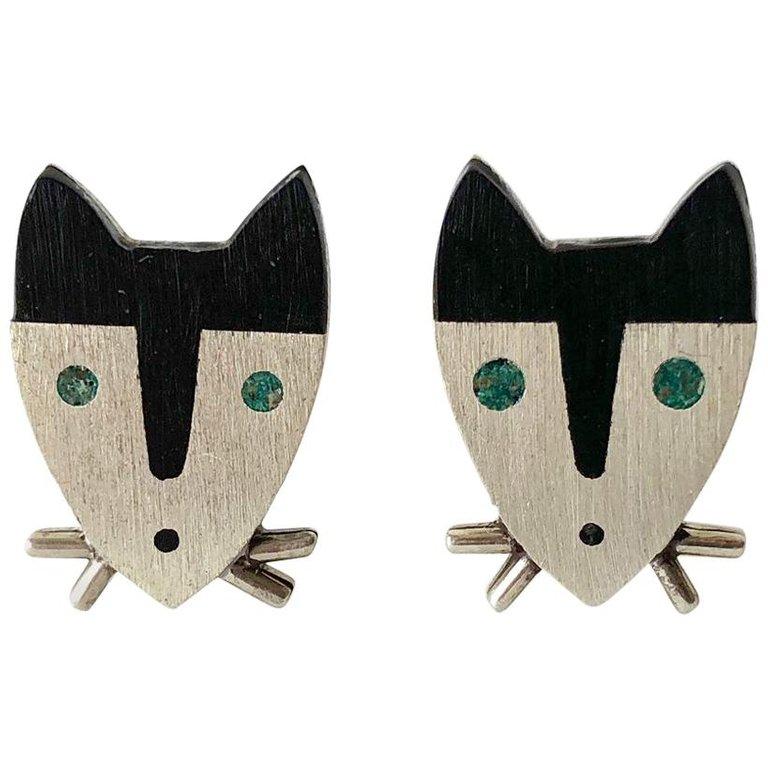 1950s Sterling Silver Wood Modernist Cat Cufflinks In Good Condition In Palm Springs, CA