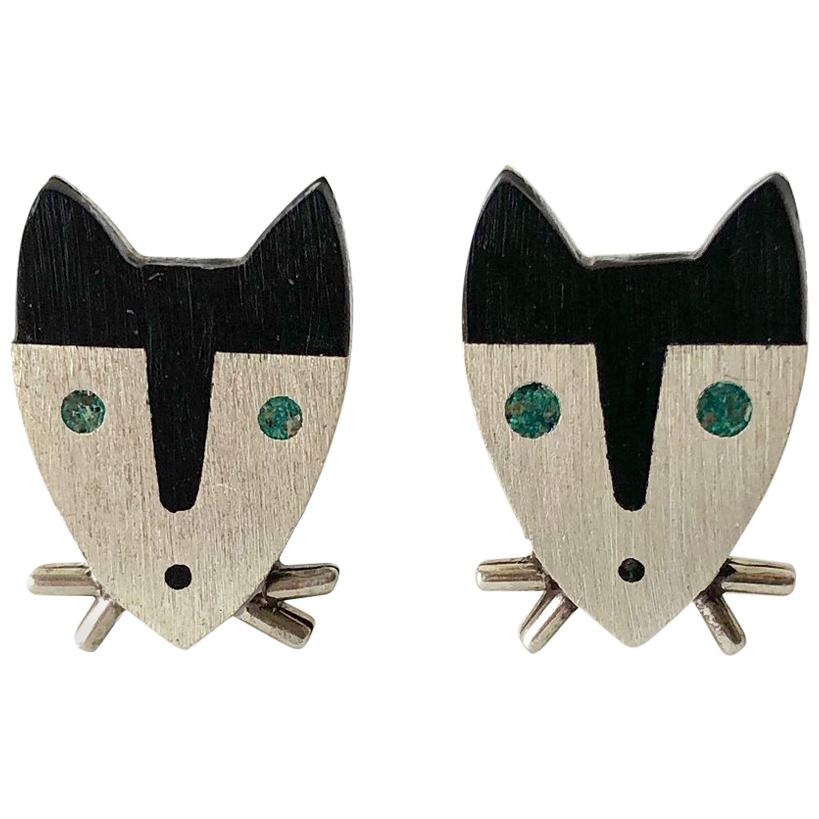 1950s Sterling Silver Wood Modernist Cat Cufflinks