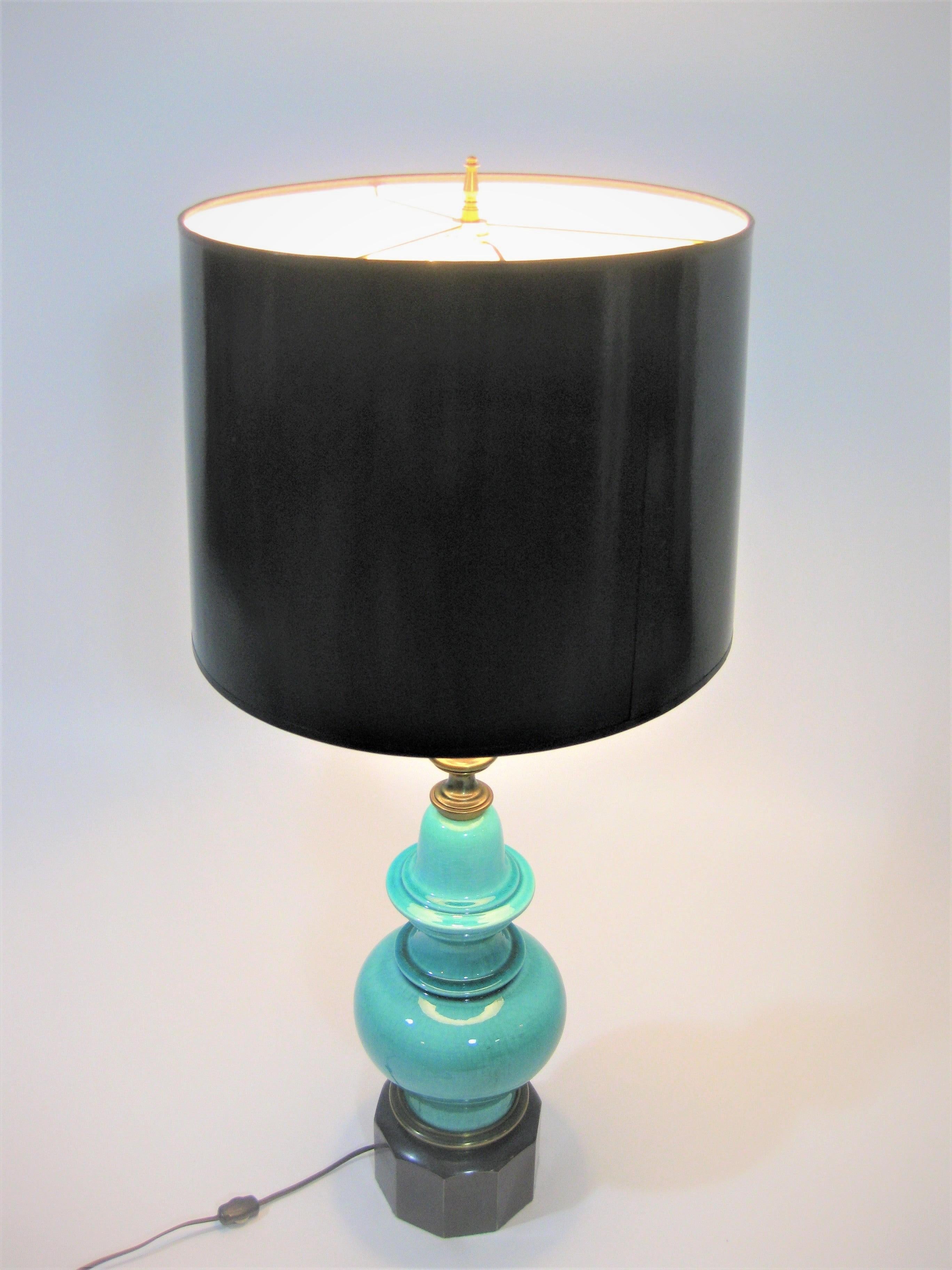 1950s Stiffel Lamp Turquoise Crackle Glaze Ceramic and Brass In Excellent Condition For Sale In New York, NY