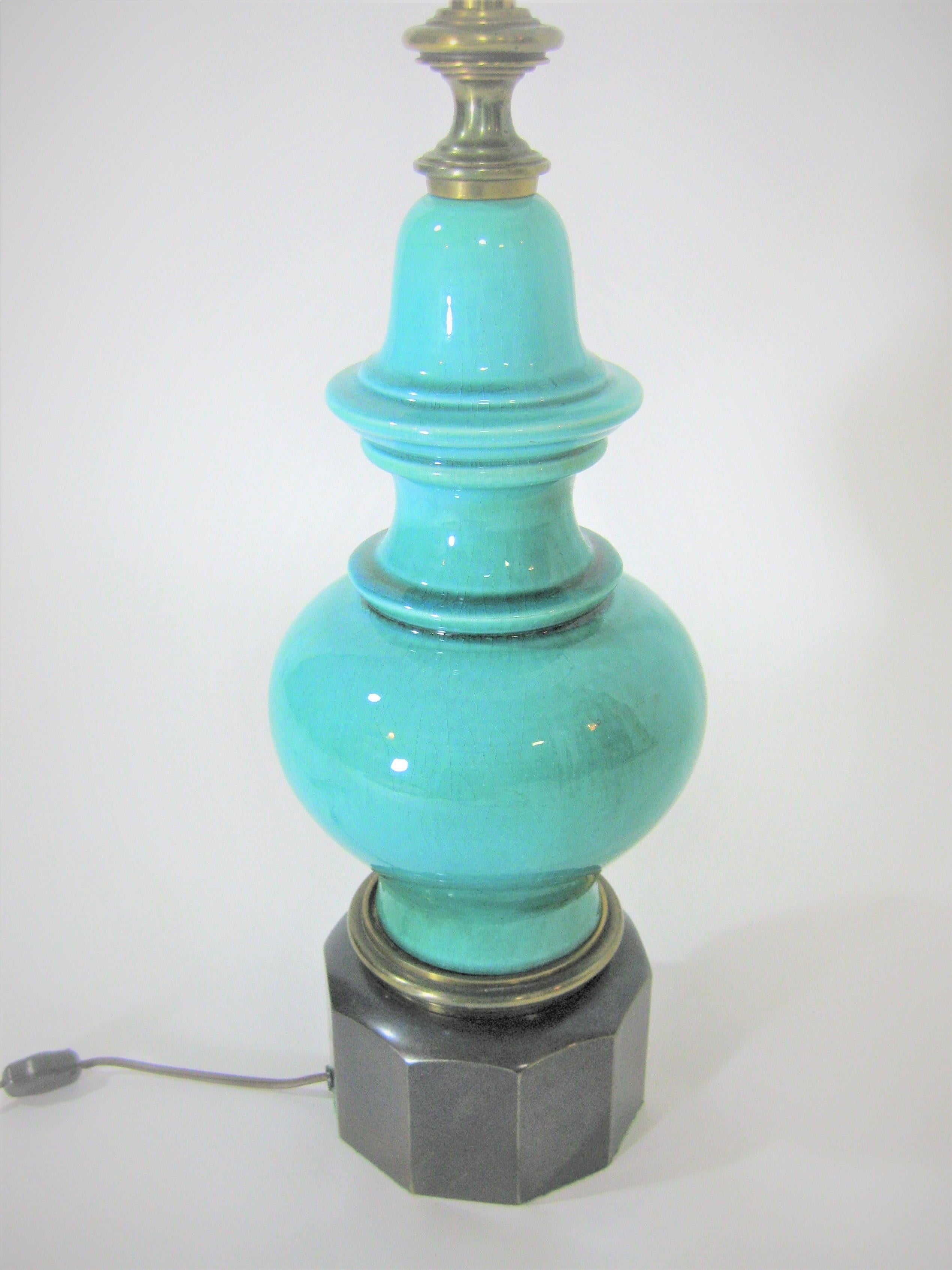 20th Century 1950s Stiffel Lamp Turquoise Crackle Glaze Ceramic and Brass For Sale