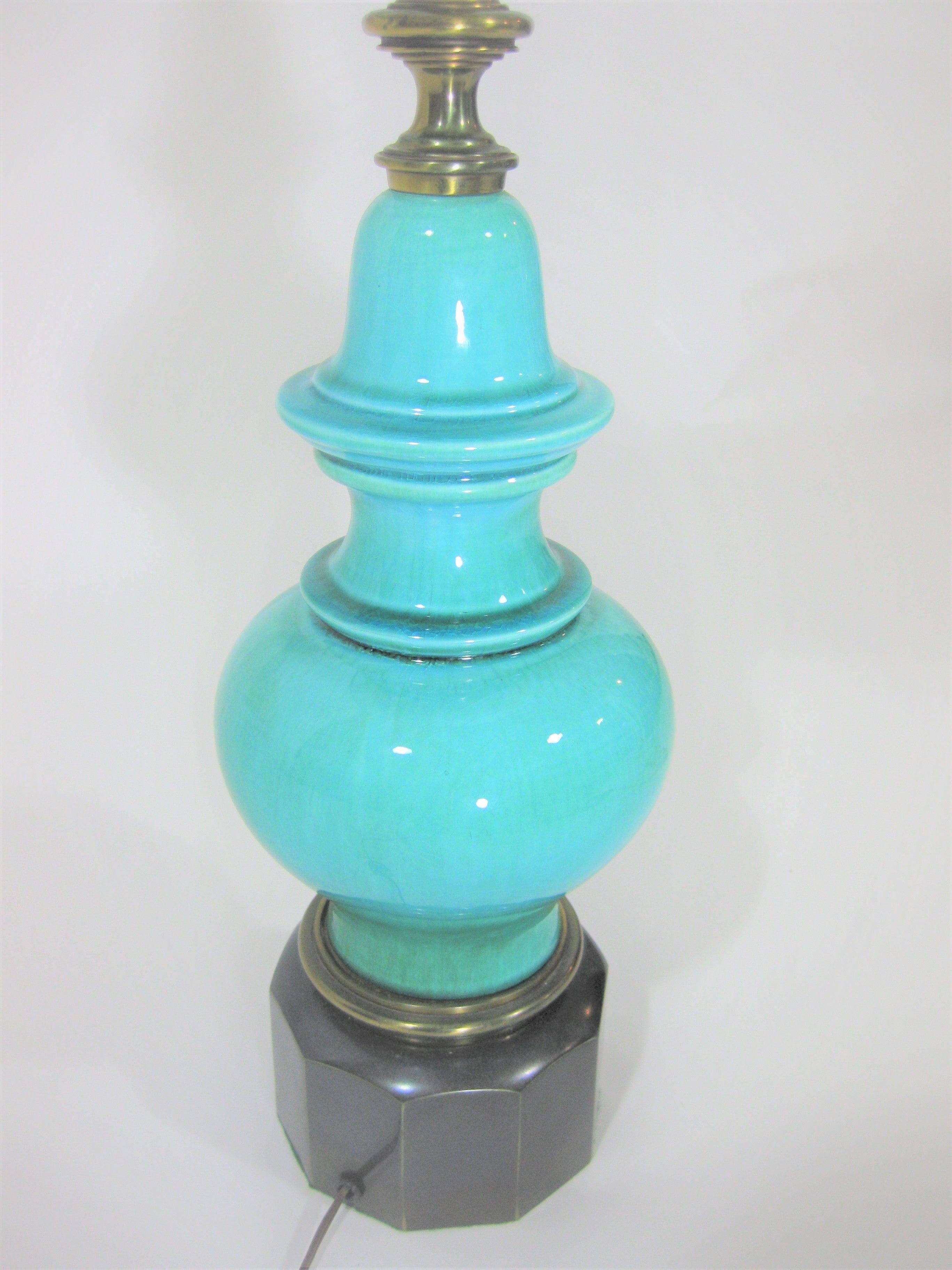 1950s Stiffel Lamp Turquoise Crackle Glaze Ceramic and Brass For Sale 1