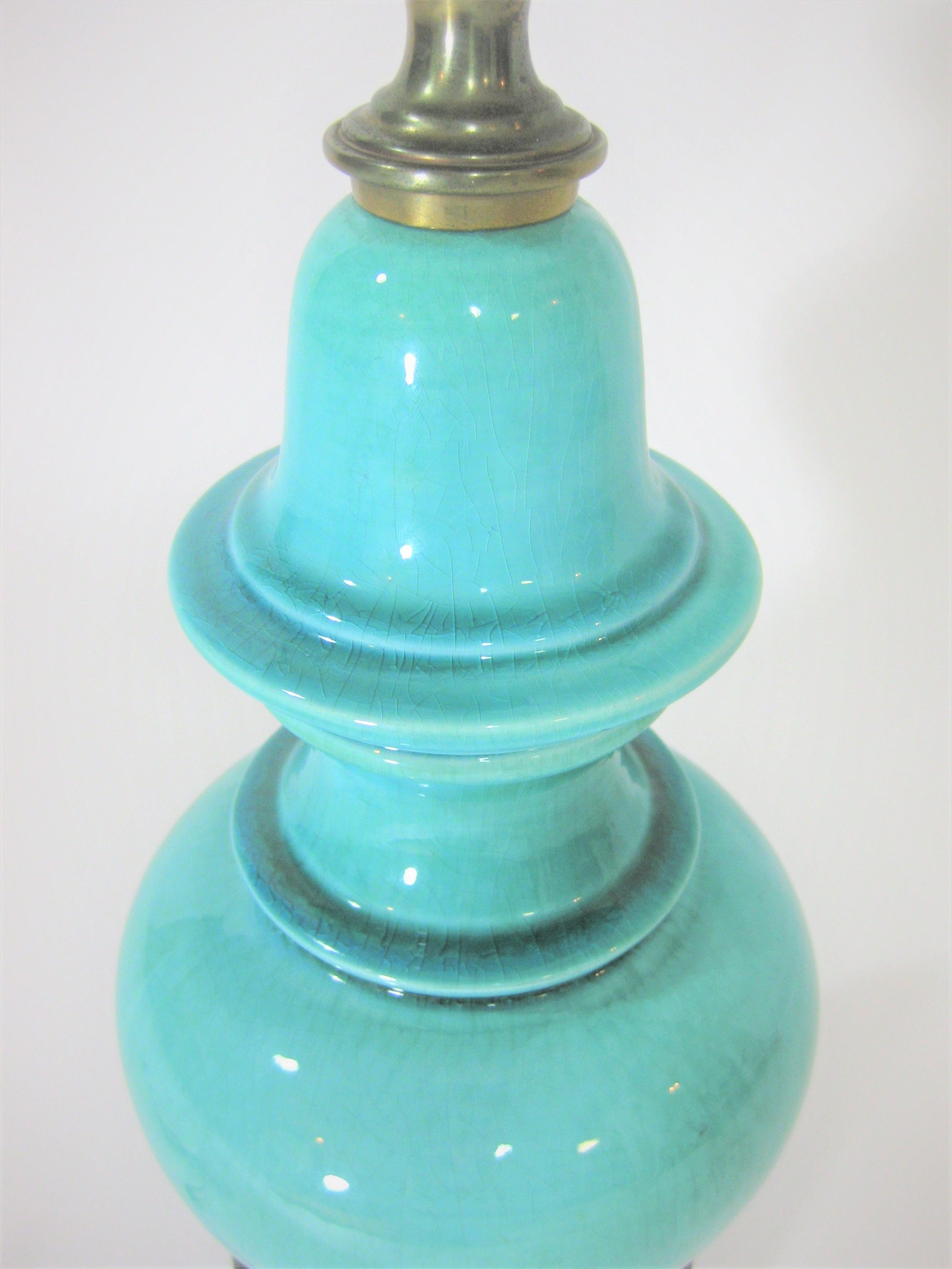 1950s Stiffel Lamp Turquoise Crackle Glaze Ceramic and Brass For Sale 2
